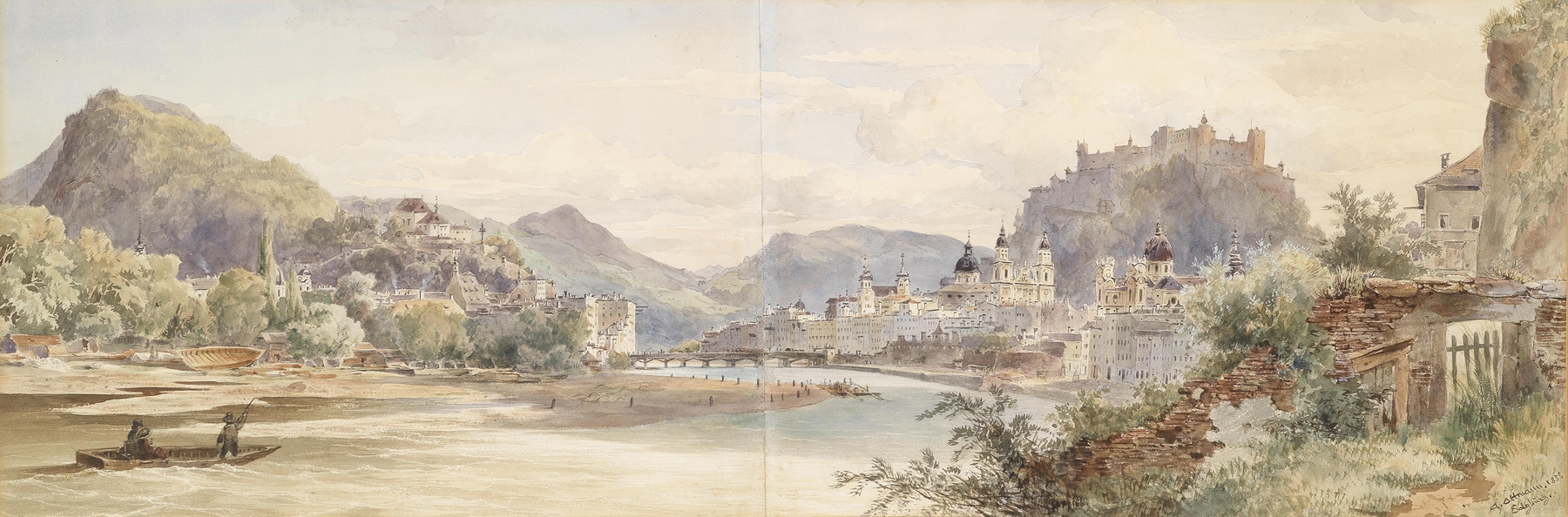 Salzburg landscape by Anton Altmann the younger, oil painting depicting mountains and a river.