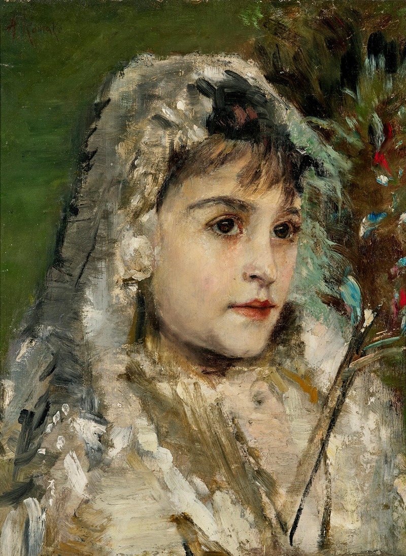 A captivating portrait of a girl wearing a veil by Anton Romako.