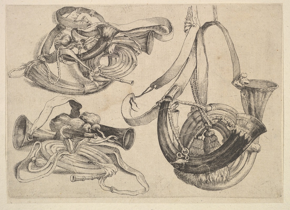 Seven hunting horns arranged in three groupings by Wenceslaus Hollar.