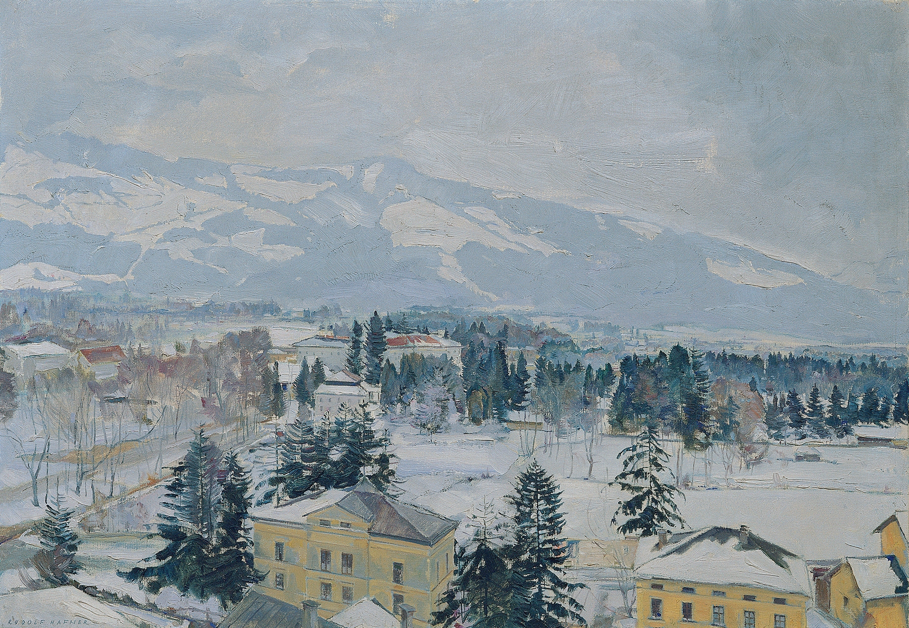 Landscape oil painting by Rudolf Hafner featuring Kapuzinerberg and sunset over meadows.