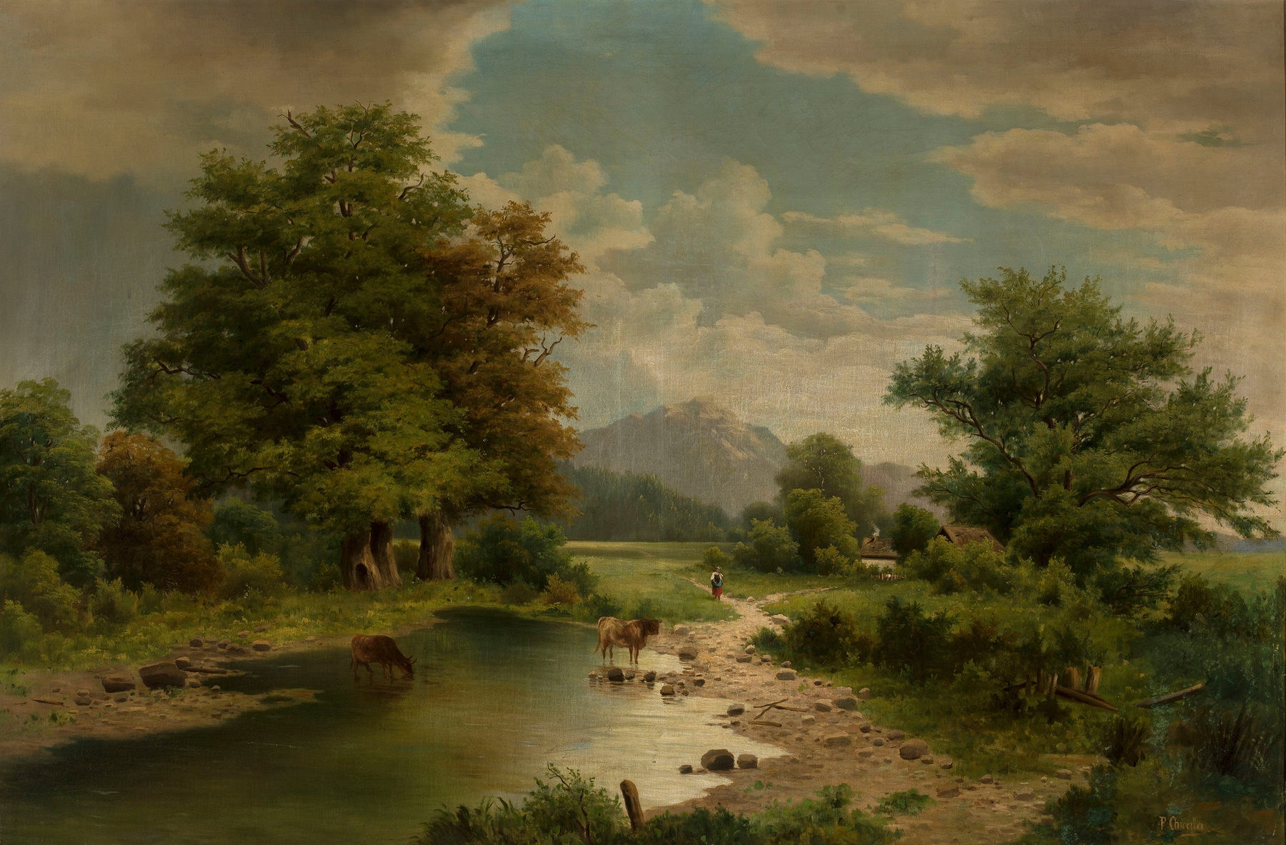 Landscape with cows at a water hole, oil painting by Adolf Chwala