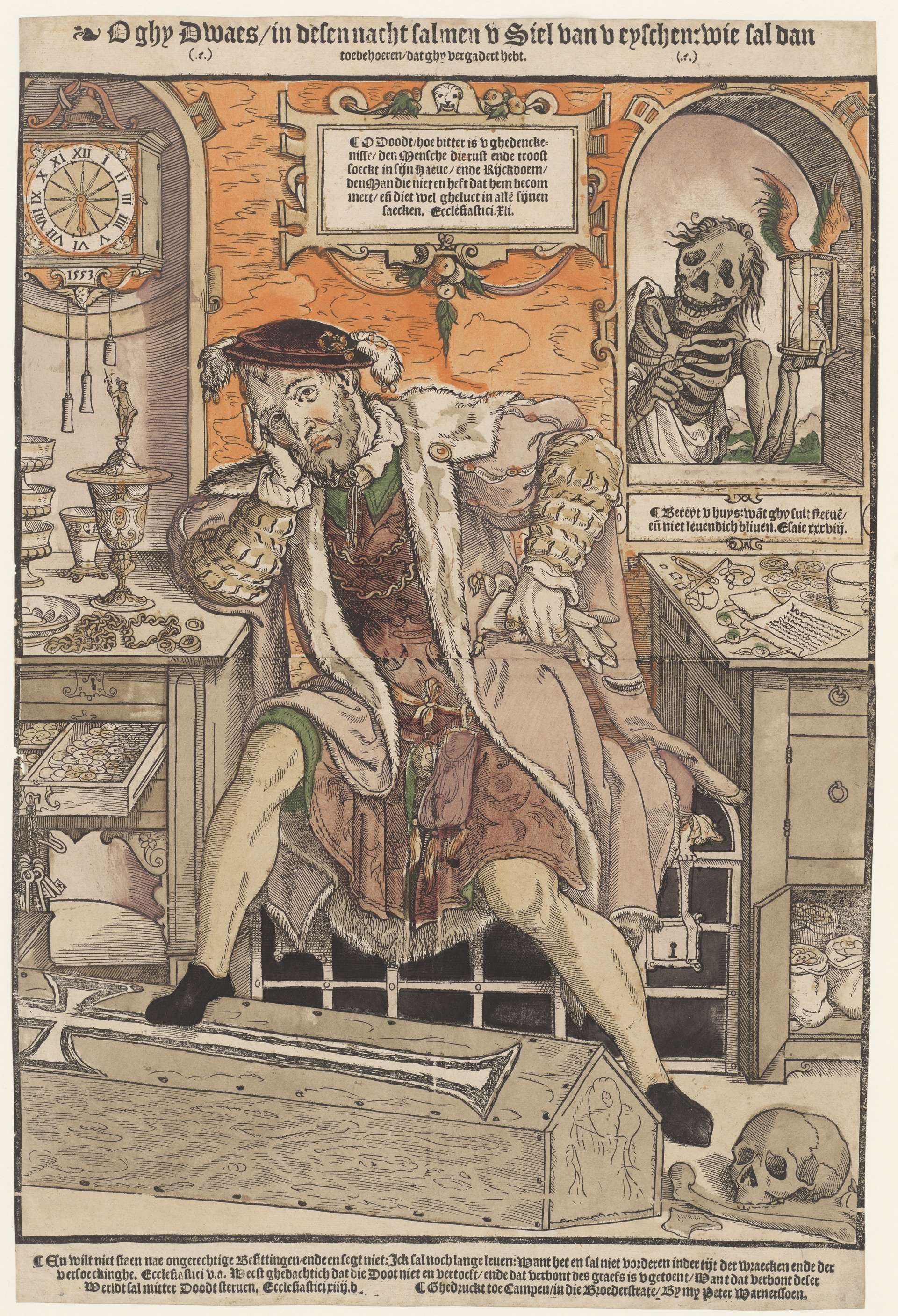 Allegorical scene depicting a wealthy man and Death, oil painting by Monogrammist AI