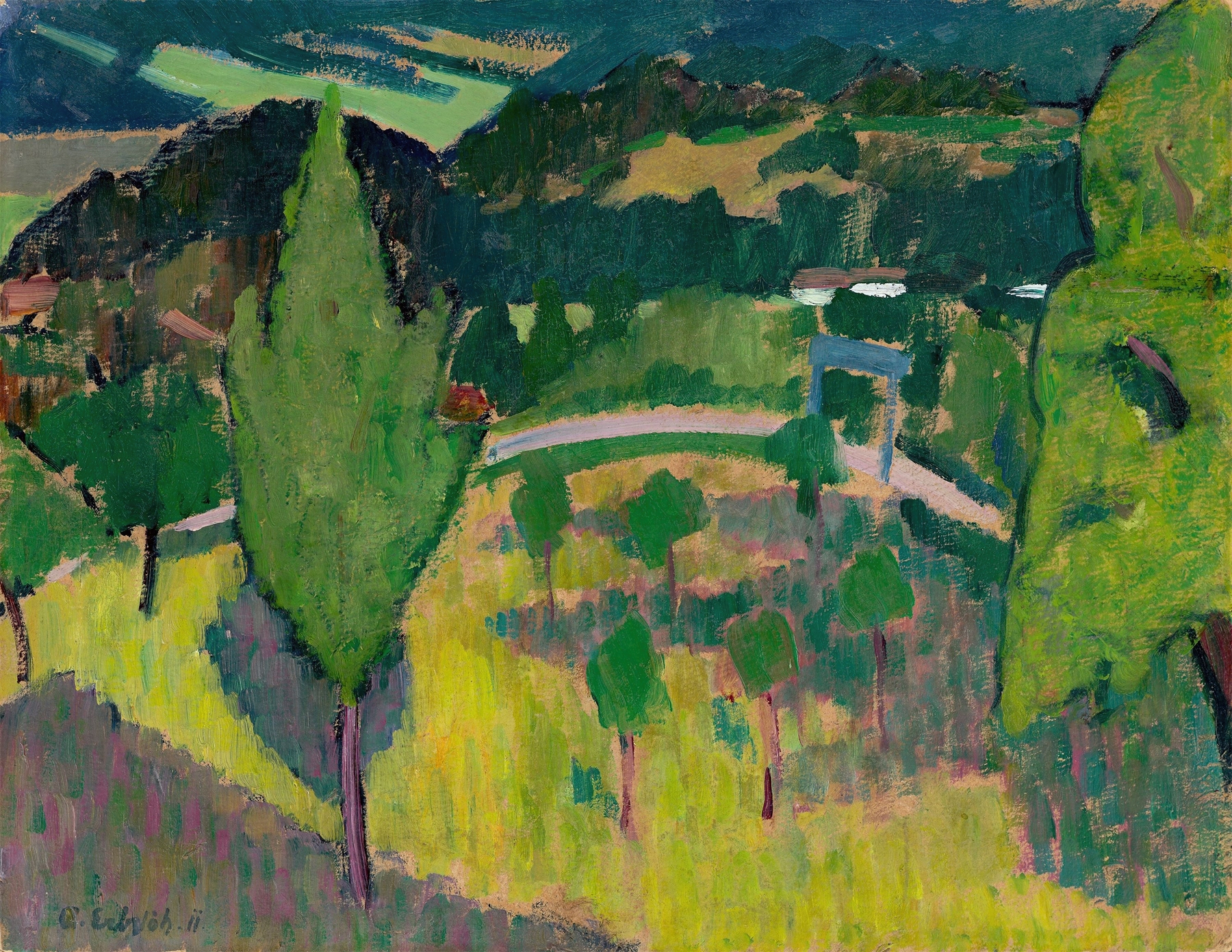 Landscape of mountains and forest in Expressionism style by Adolf Erbslöh