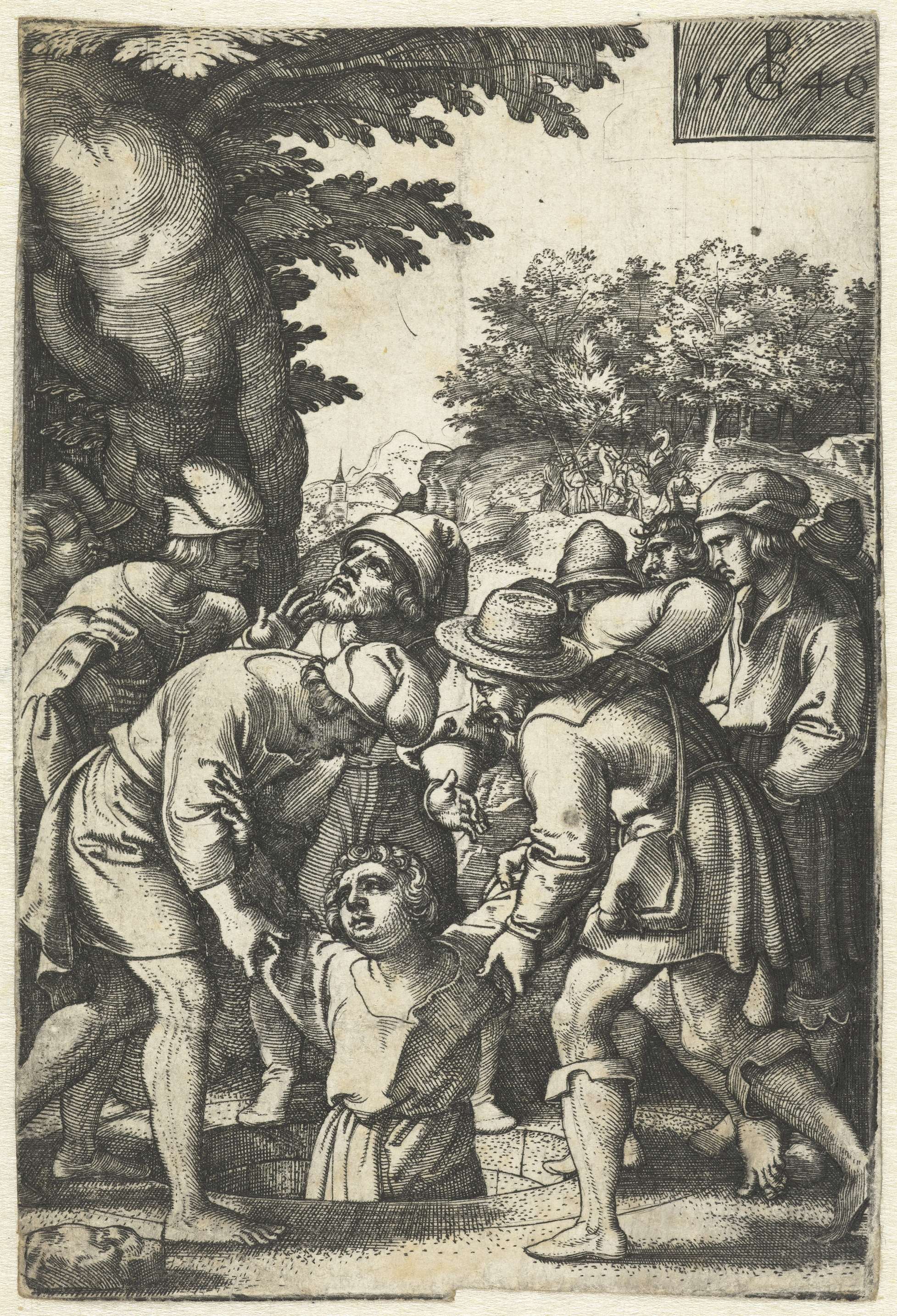 Engraving by Georg Pencz depicting Jozef being thrown into a pit by his brothers.