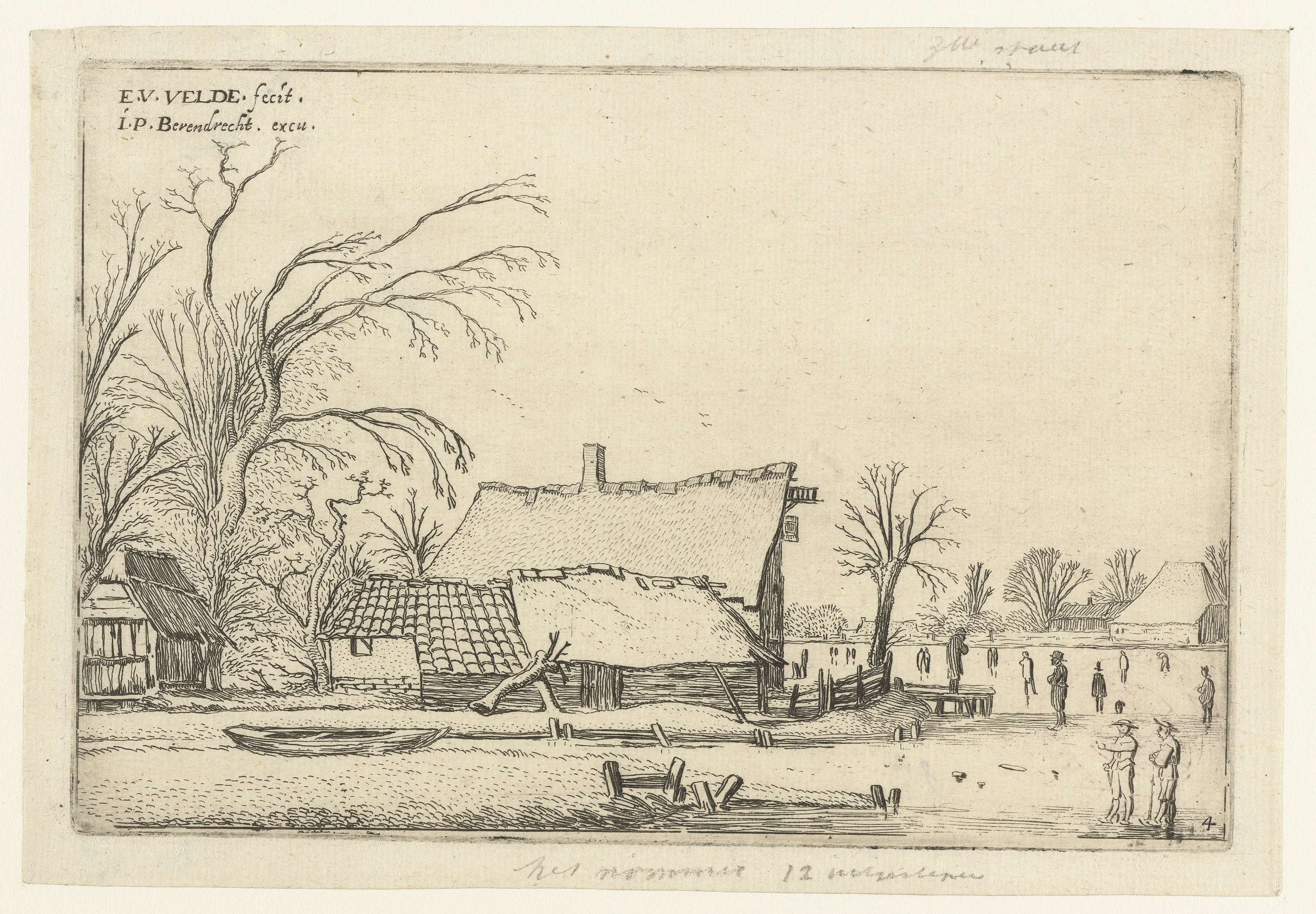 Boerderij bij een bevroren rivier met schaatsers, by Esaias van de Velde, public domain