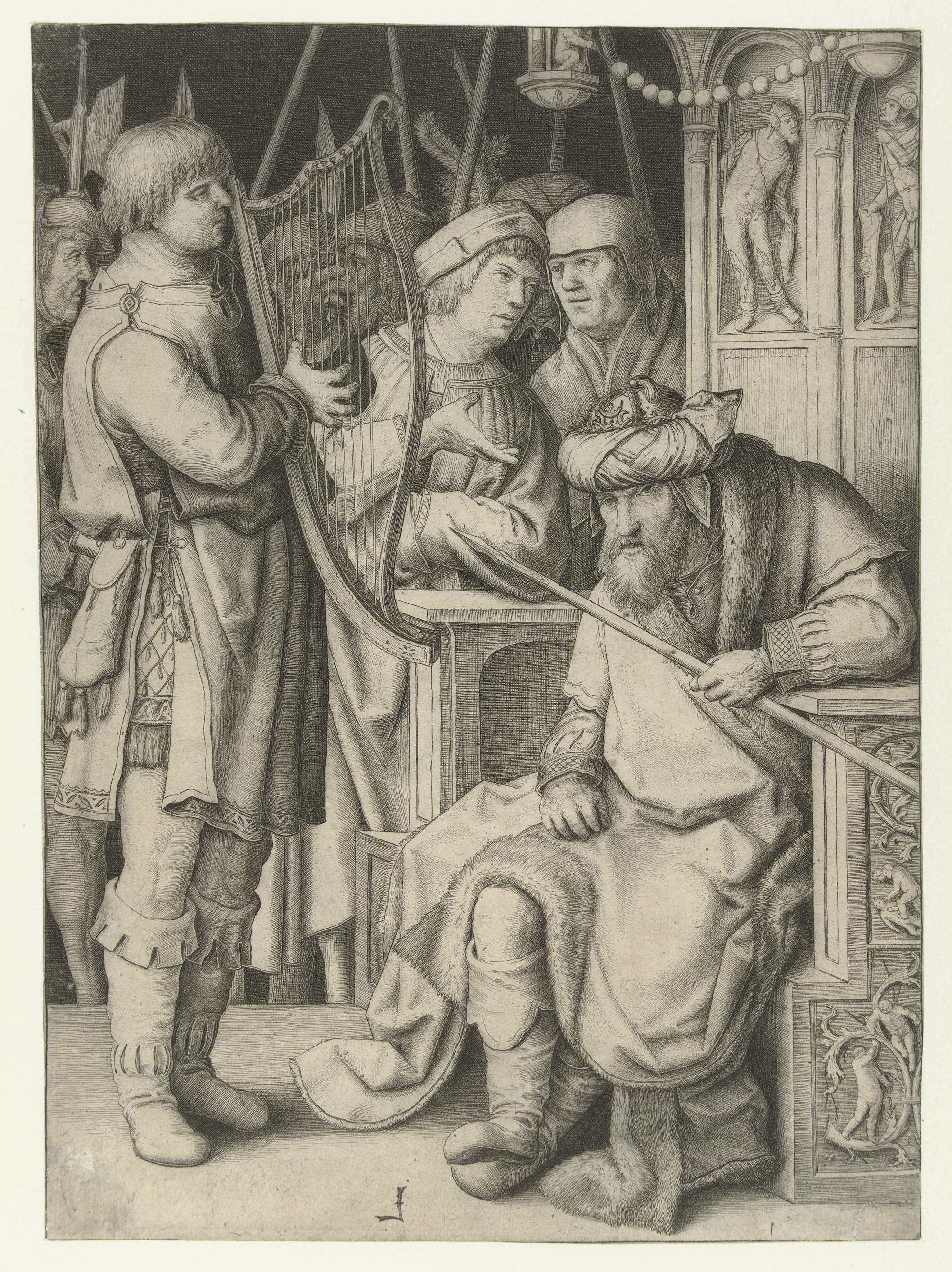 David speelt harp voor Saul, by Lucas van Leyden, public domain