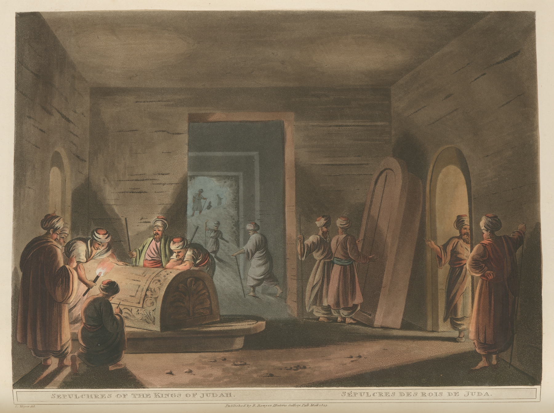 Engraving by Luigi Mayer depicting sepulchres of the kings of Judah with intricate carvings.
