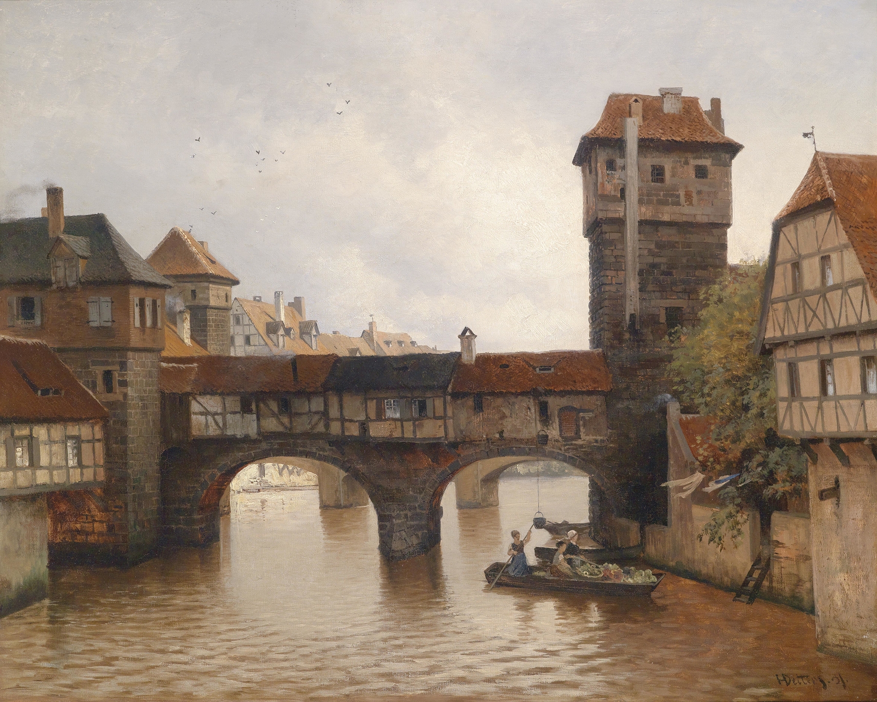 Henkersteg in Nürnberg, oil on canvas by Heinrich Deiters, depicting a serene river and historic architecture.