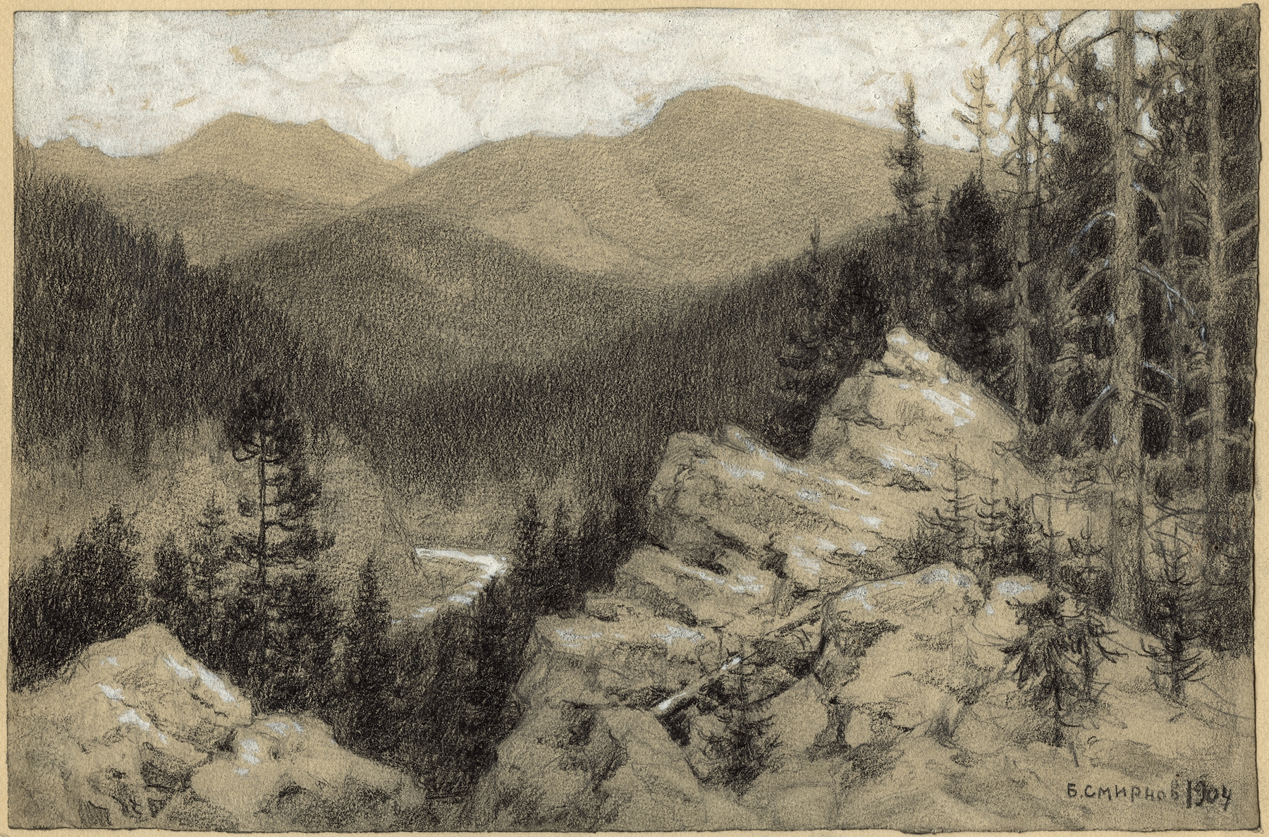 Ural Mountains taiga landscape by Boris Vasilievich Smirnov, oil on canvas