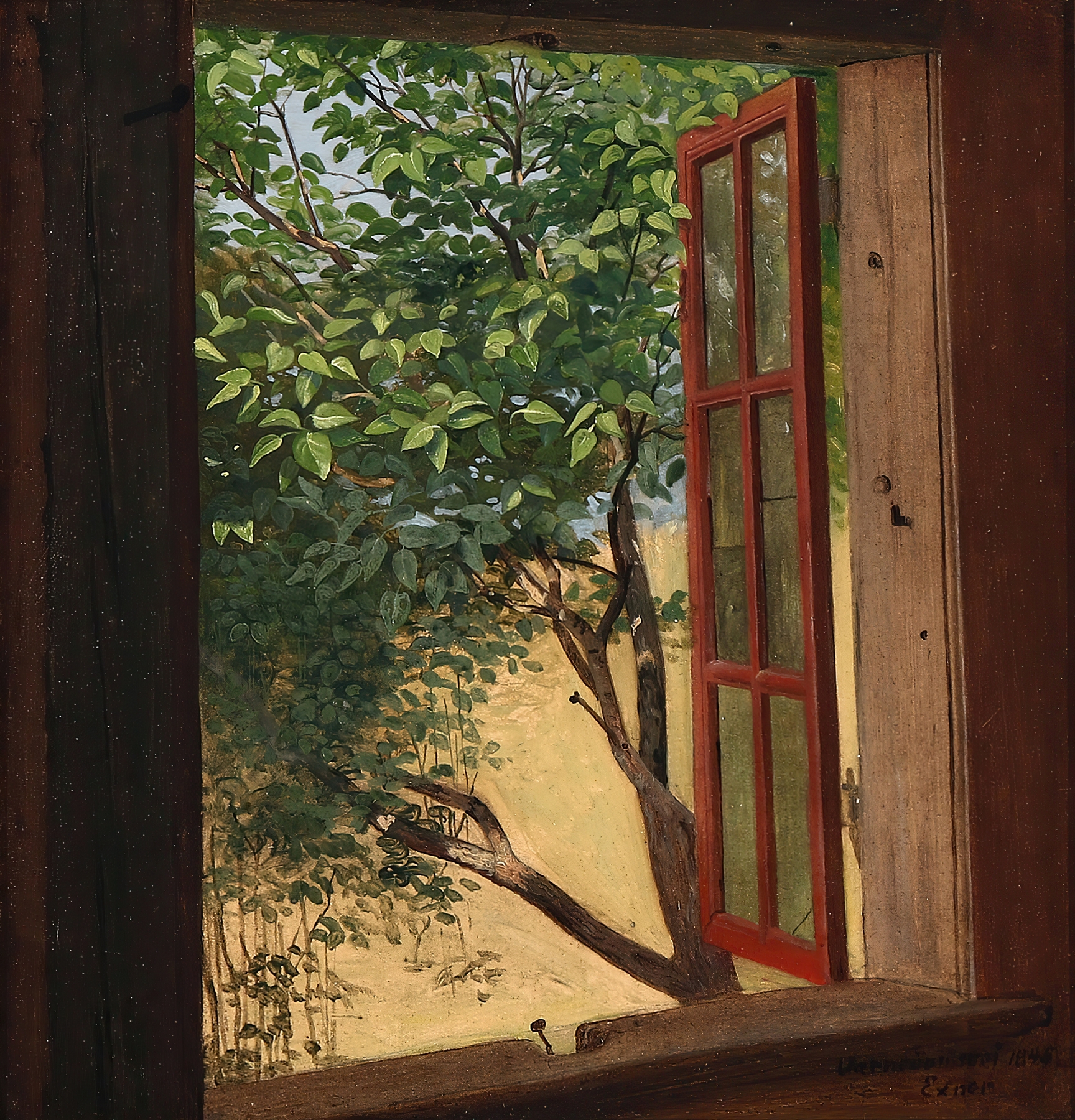 Interior scene with an open window overlooking a bustling street, oil painting by Julius Exner