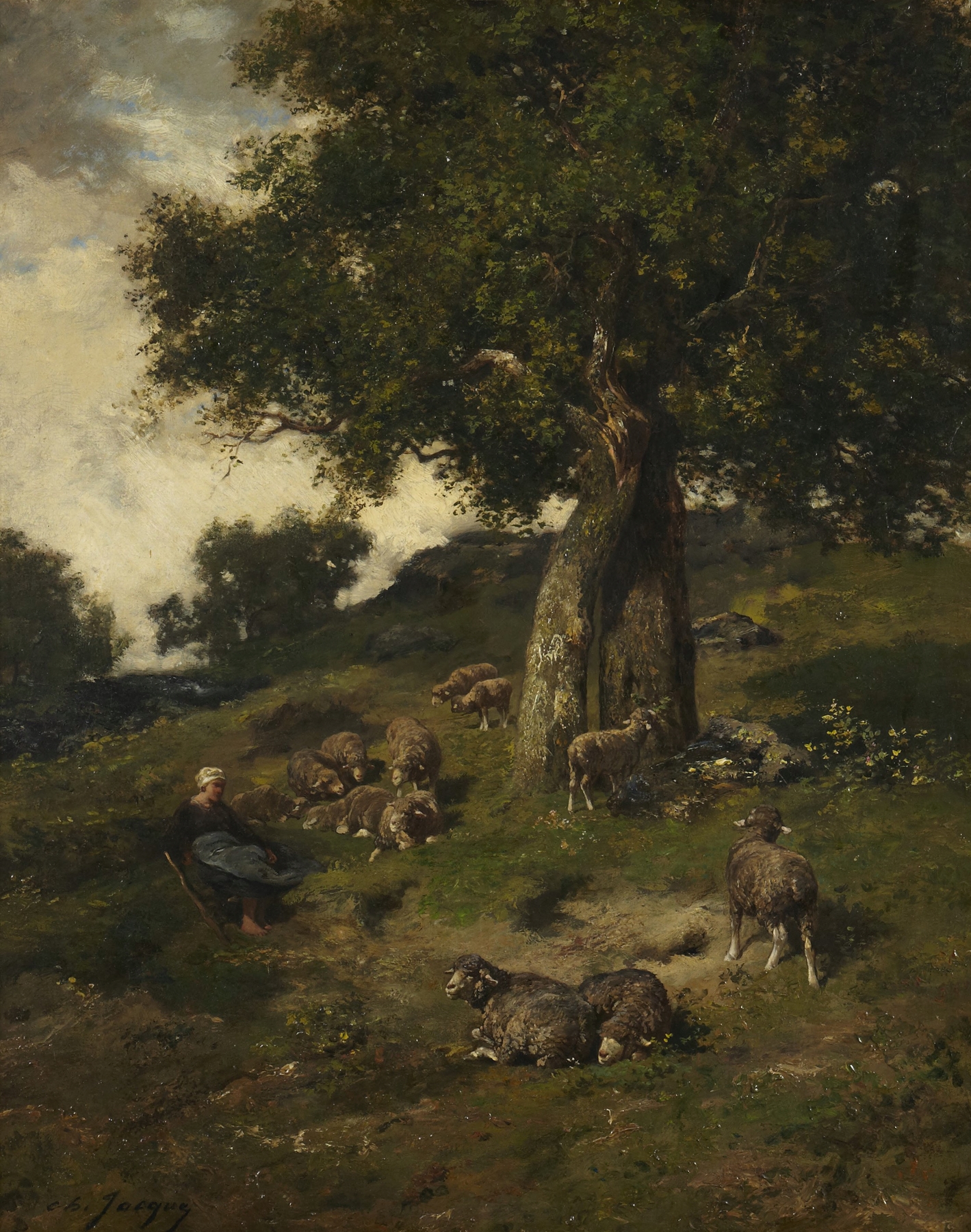 Shepherdess with sheep in a pastoral setting, oil on canvas by Charles Emile Jacque