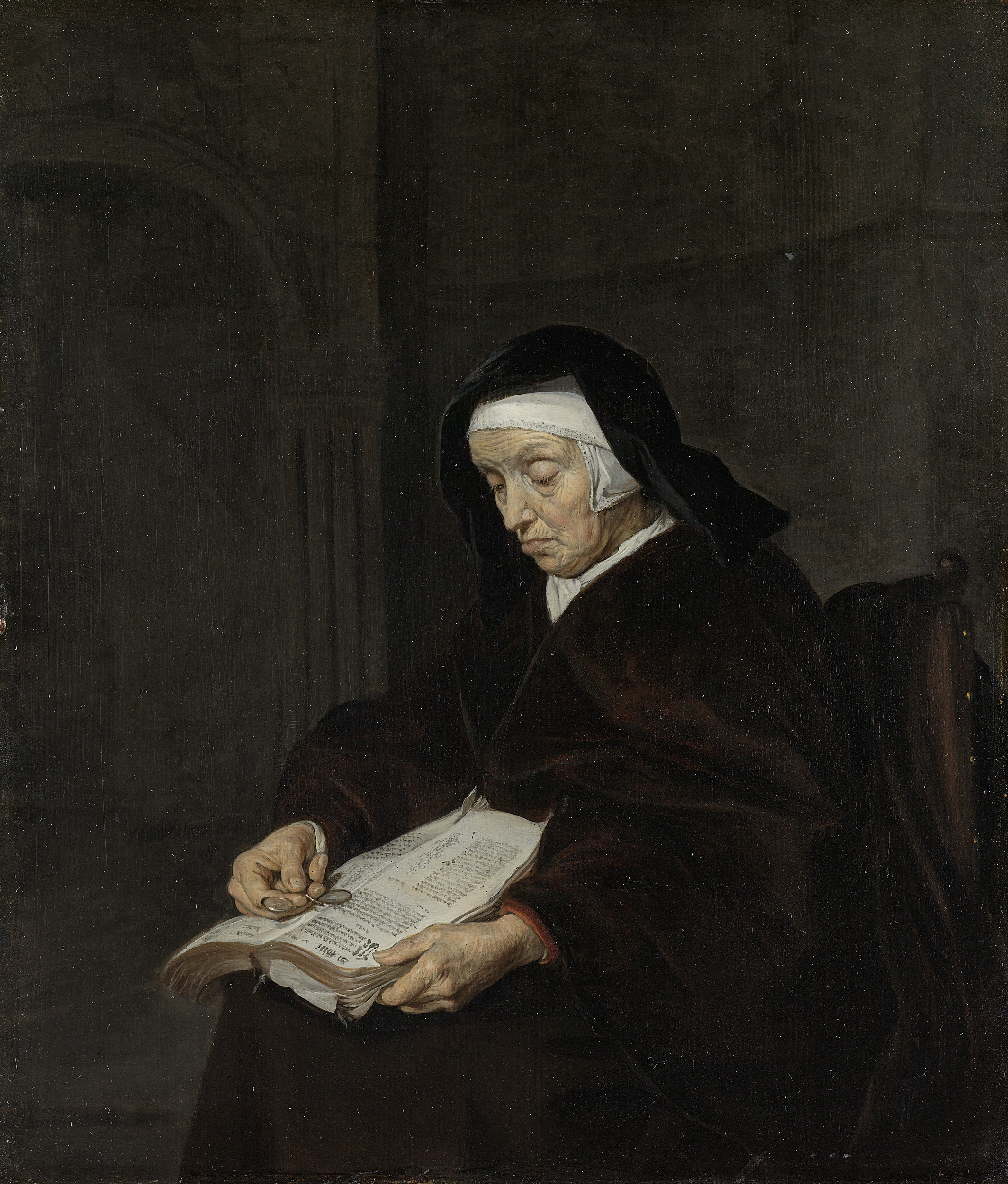 Old Woman Meditating, by Gabriël Metsu, public domain