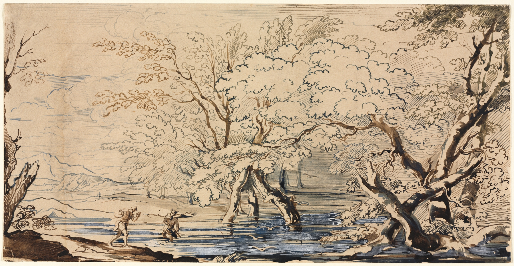 Mercury and Argos, oil on canvas by Joseph Brett, depicting mythological figures under a blue sky.