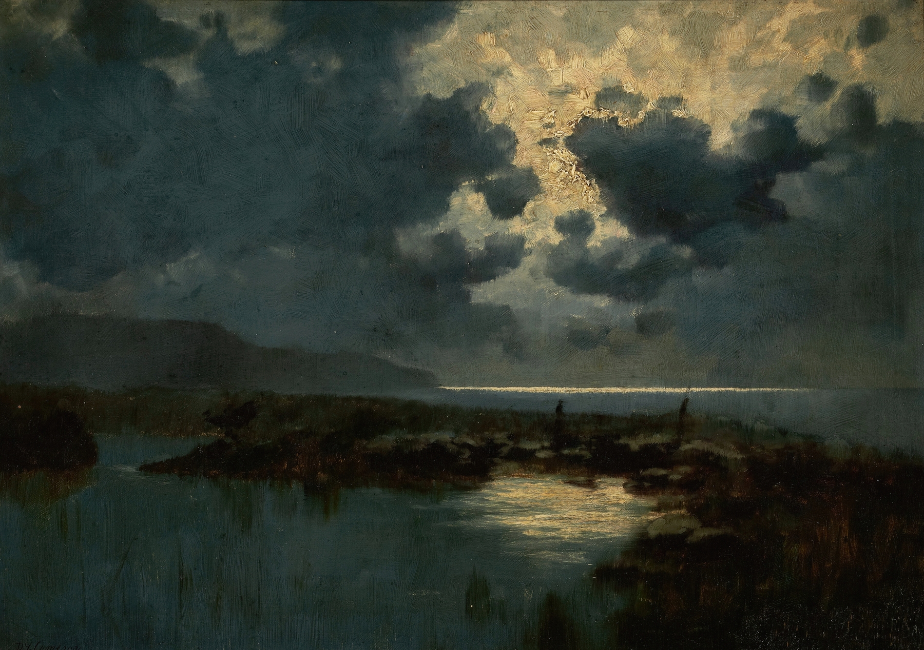 Moonlit Marsh by David Young Cameron, oil painting depicting a serene marsh under moonlight.