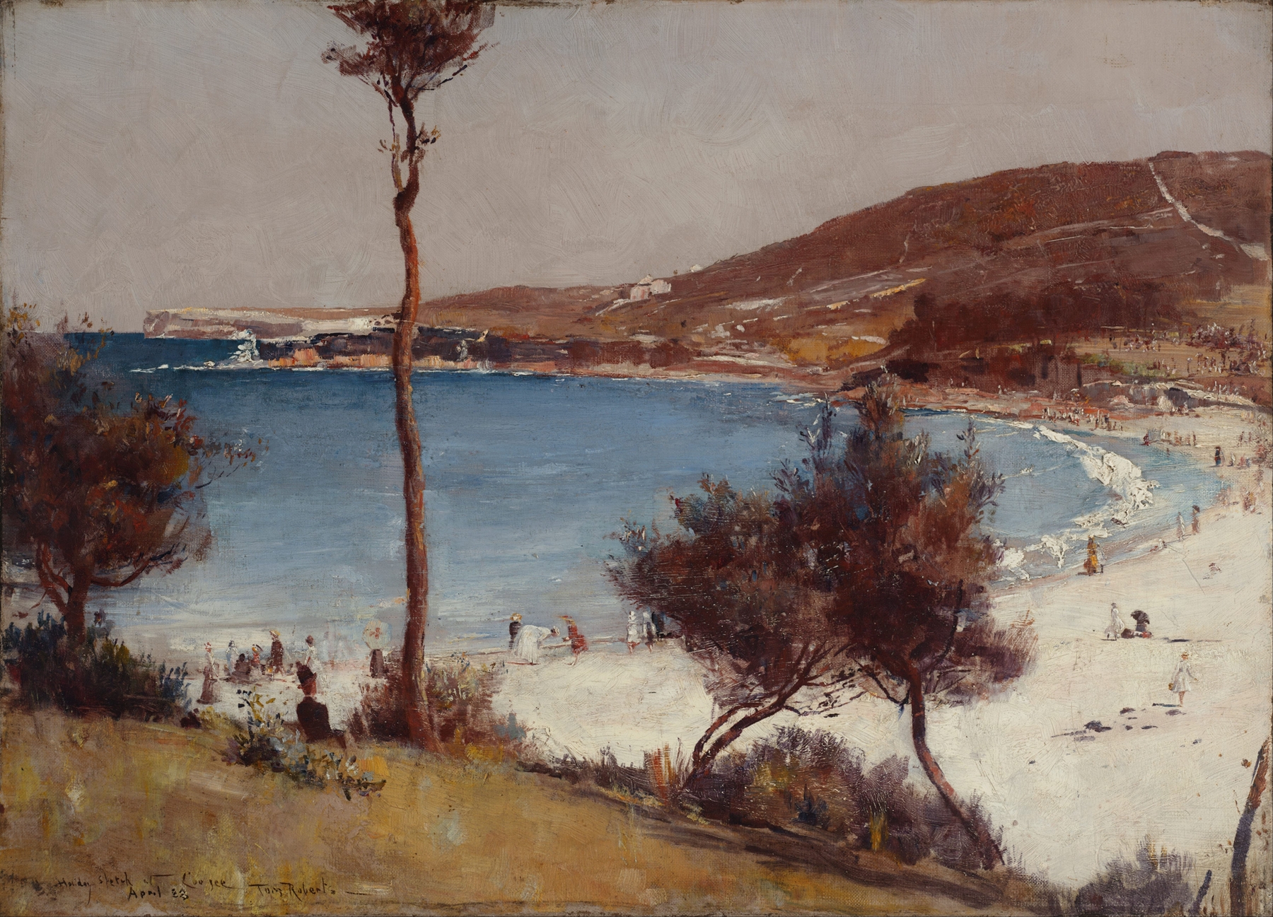 Holiday sketch at Coogee by Tom Roberts, impressionism, lively beach figures enjoying sunlight
