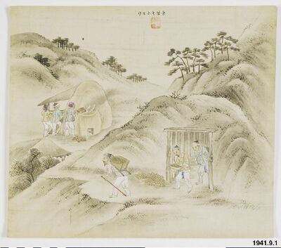 Genre scene depicting mining and smelting by Kim Jun-geun, Korean traditional artwork.