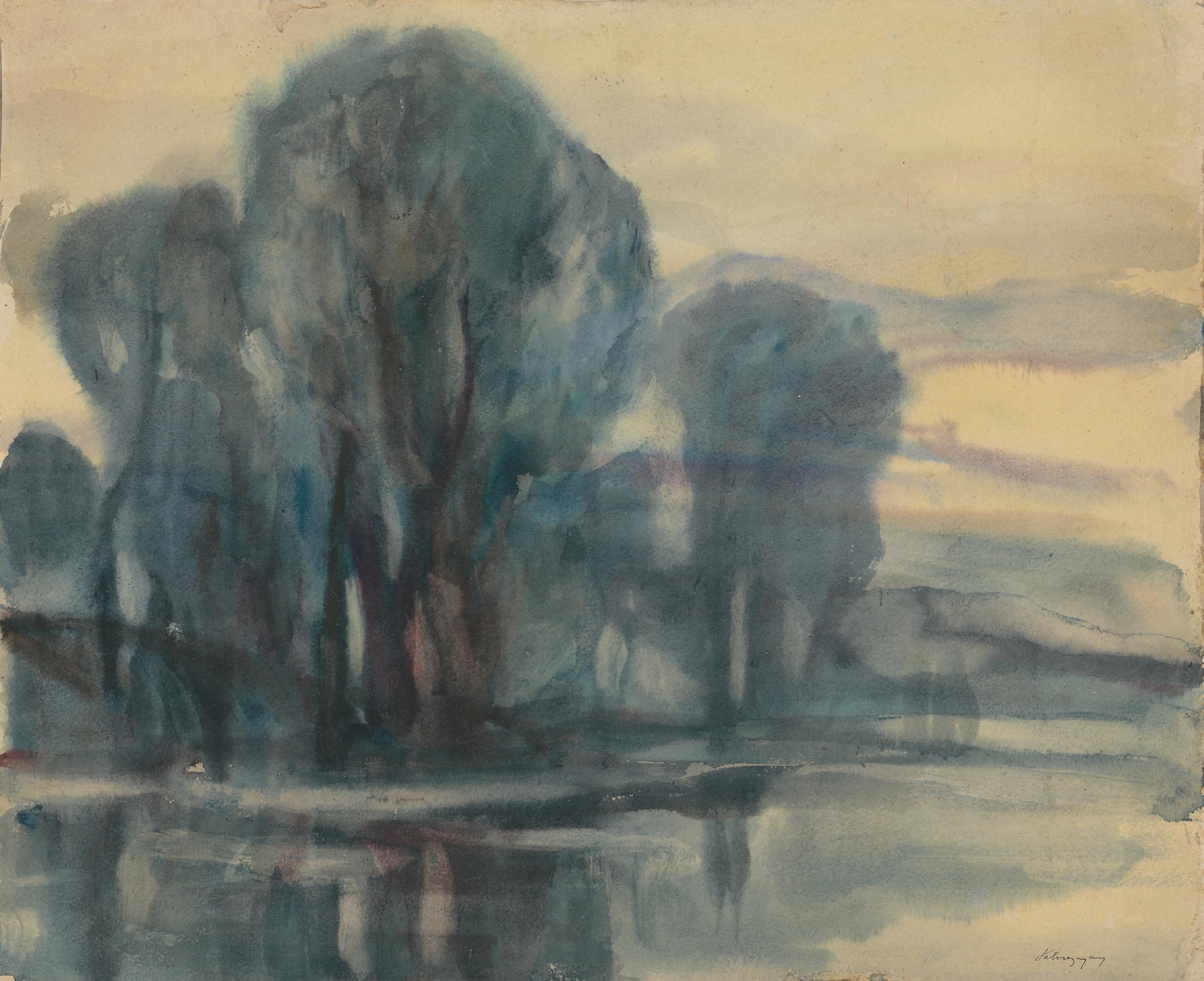 Trees by the River by Zolo Palugyay, oil painting of a tranquil landscape with a river and trees.