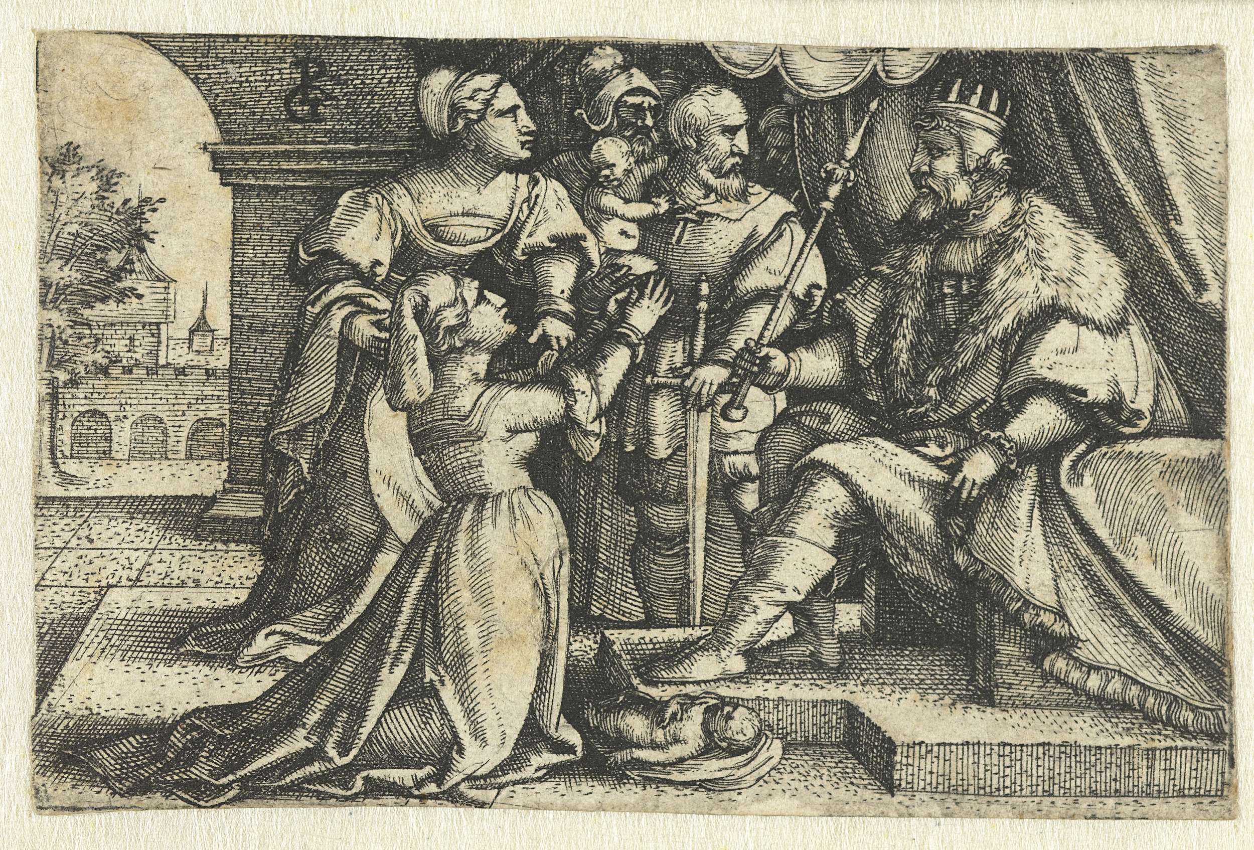 Engraving by Georg Pencz showing King Solomon on his throne with figures in conflict.