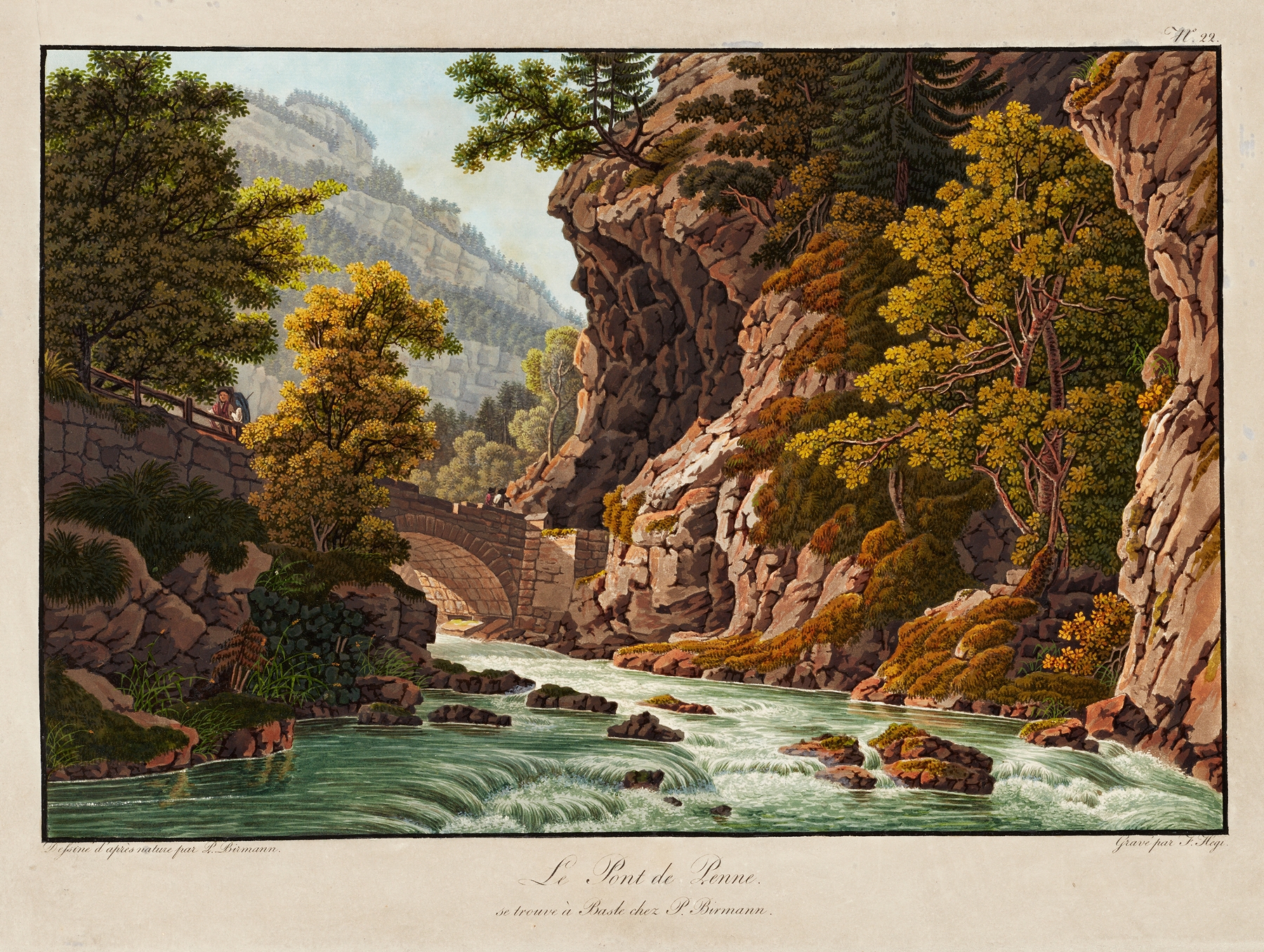 Landscape with a bridge over a river, sunlight reflecting on the water, by Peter Birmann.