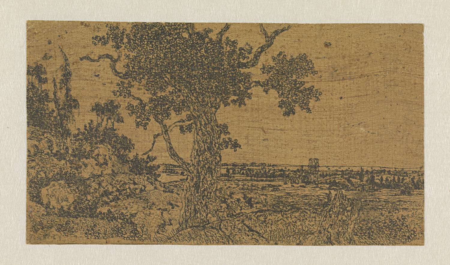 Landscape with an Oak Tree and a Distant View, by Hercules Segers, public domain