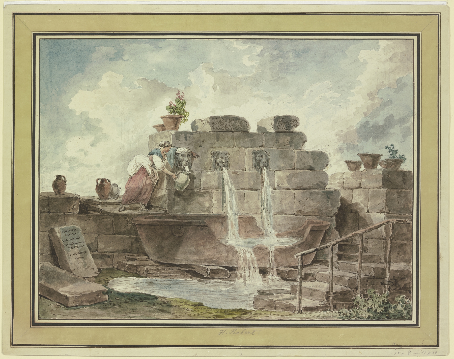A Roman Fountain with a Woman Collecting Water, by Hubert Robert, public domain
