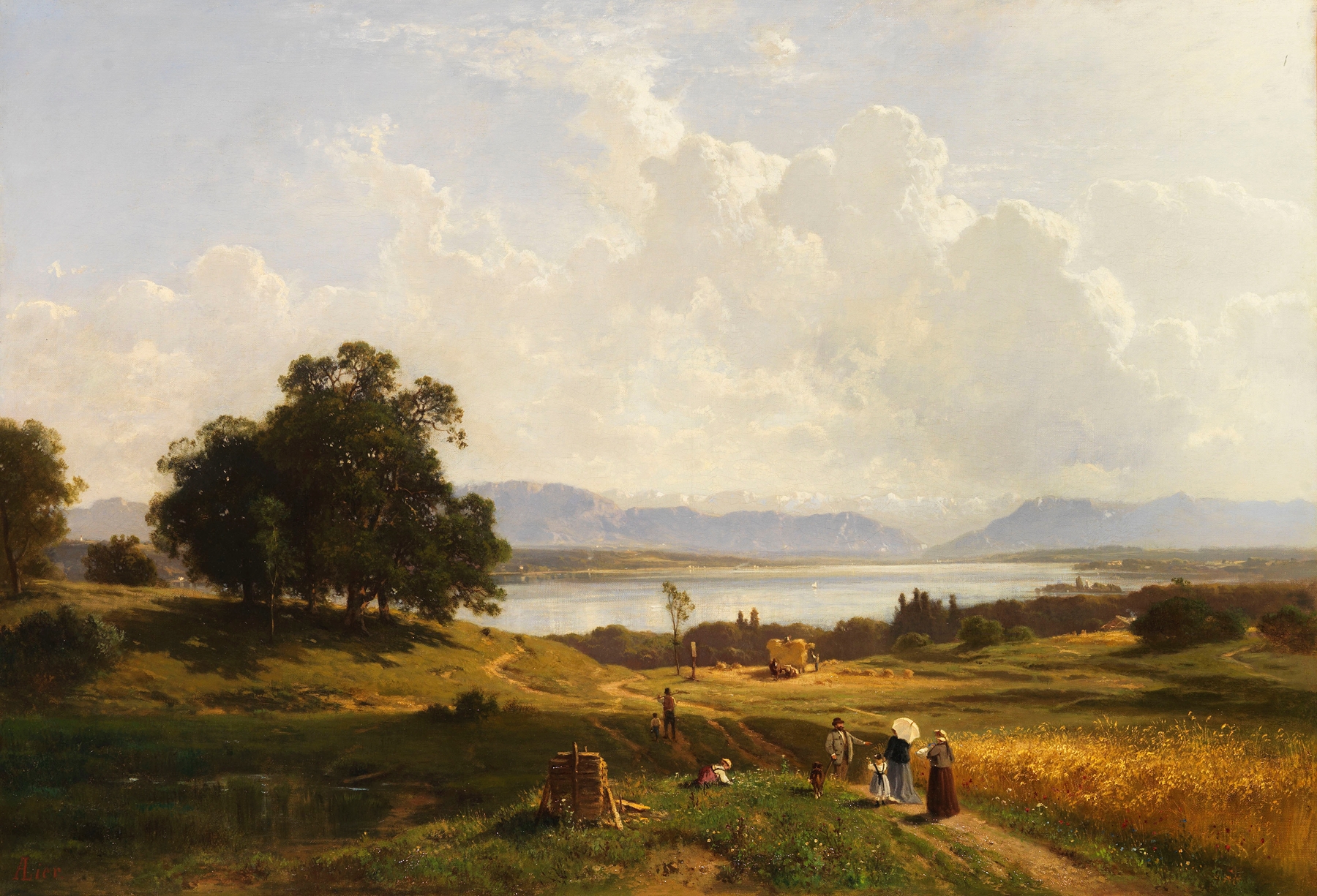 Oil painting by Adolf Heinrich Lier depicting a serene lake with gentle ripples.