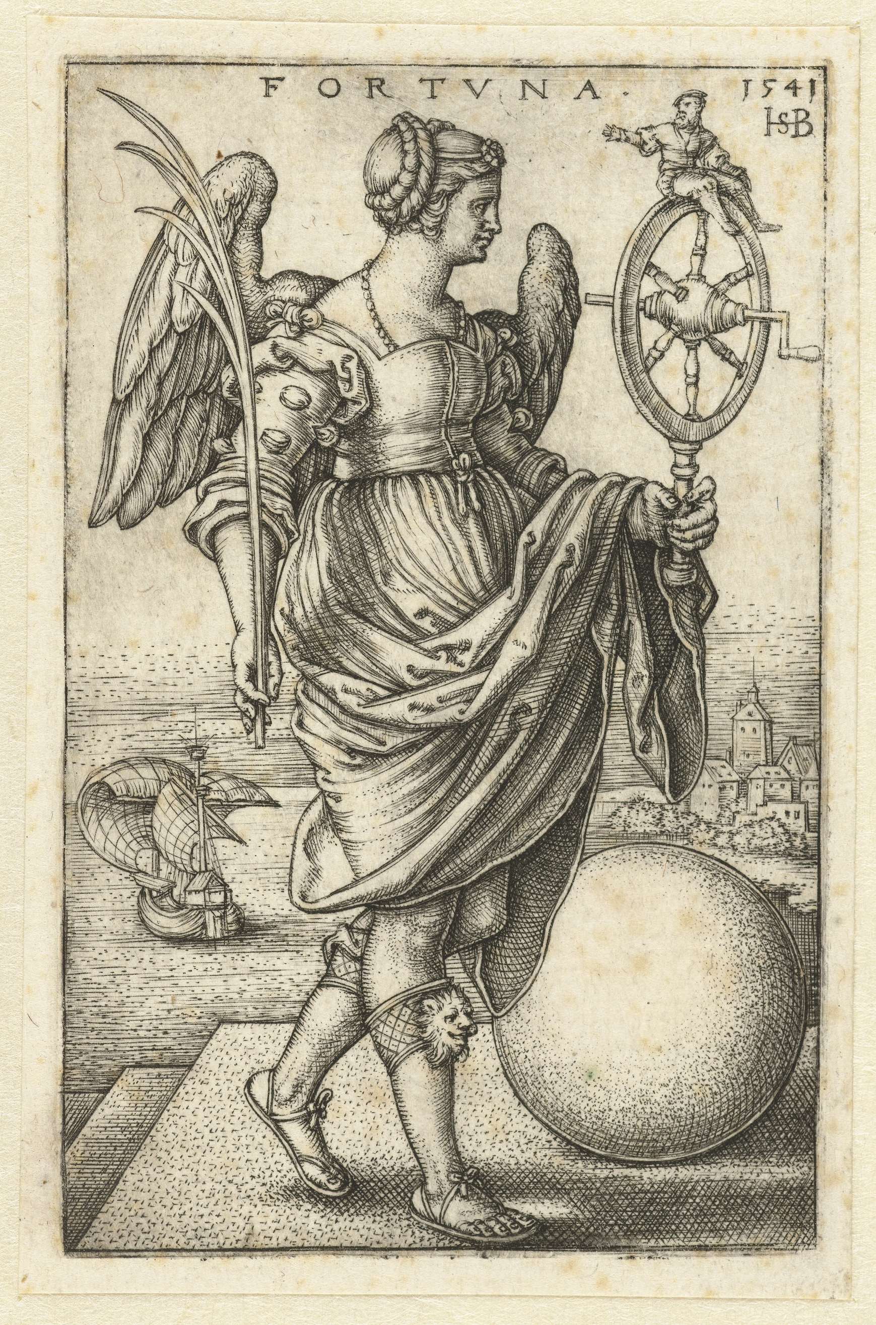 Fortuna engraving by Hans Sebald Beham depicting a female figure representing fate.
