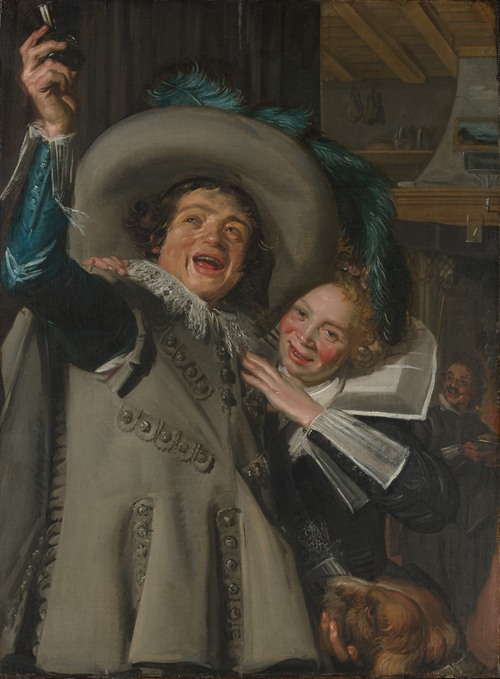 A lively depiction of a young man and woman enjoying a moment in an inn.
