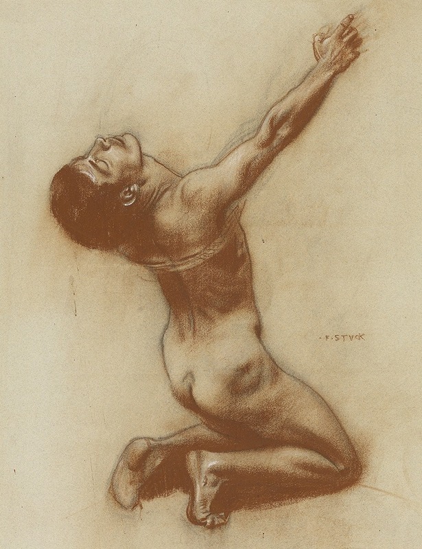 Franz von Stuck's 'Kneeling male nude for ‘Kiss of the Sphinx’' showcases a male figure in a contemplative pose.