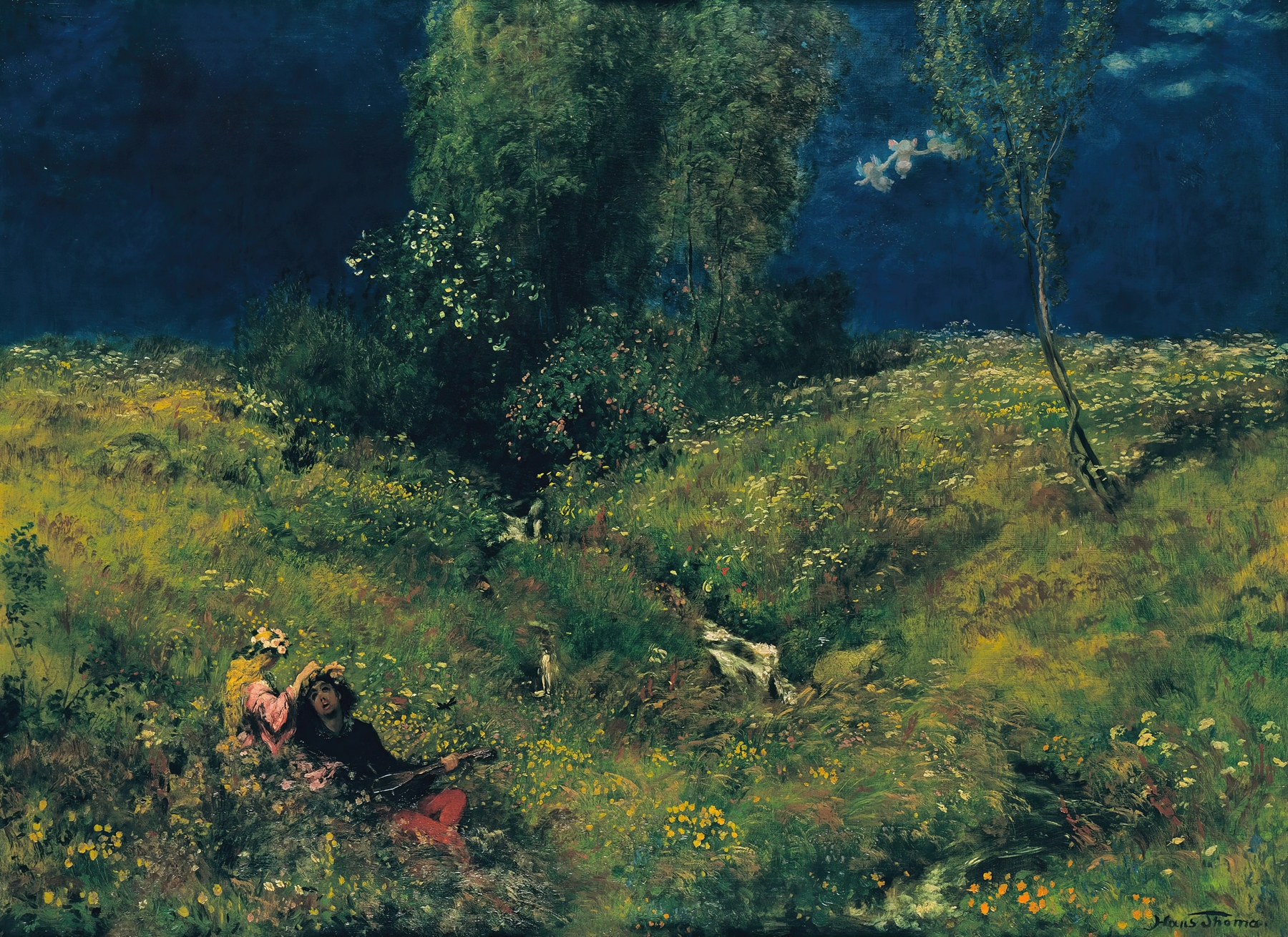 Landscape with golden light over fields by Hans Thoma, oil painting
