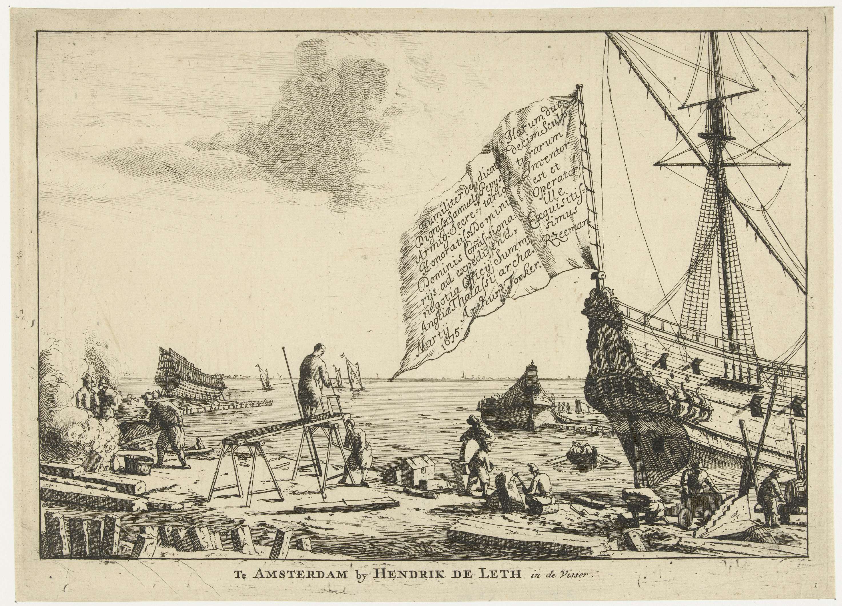 Etching of a shipyard with masts and clouds by Unknown Artist