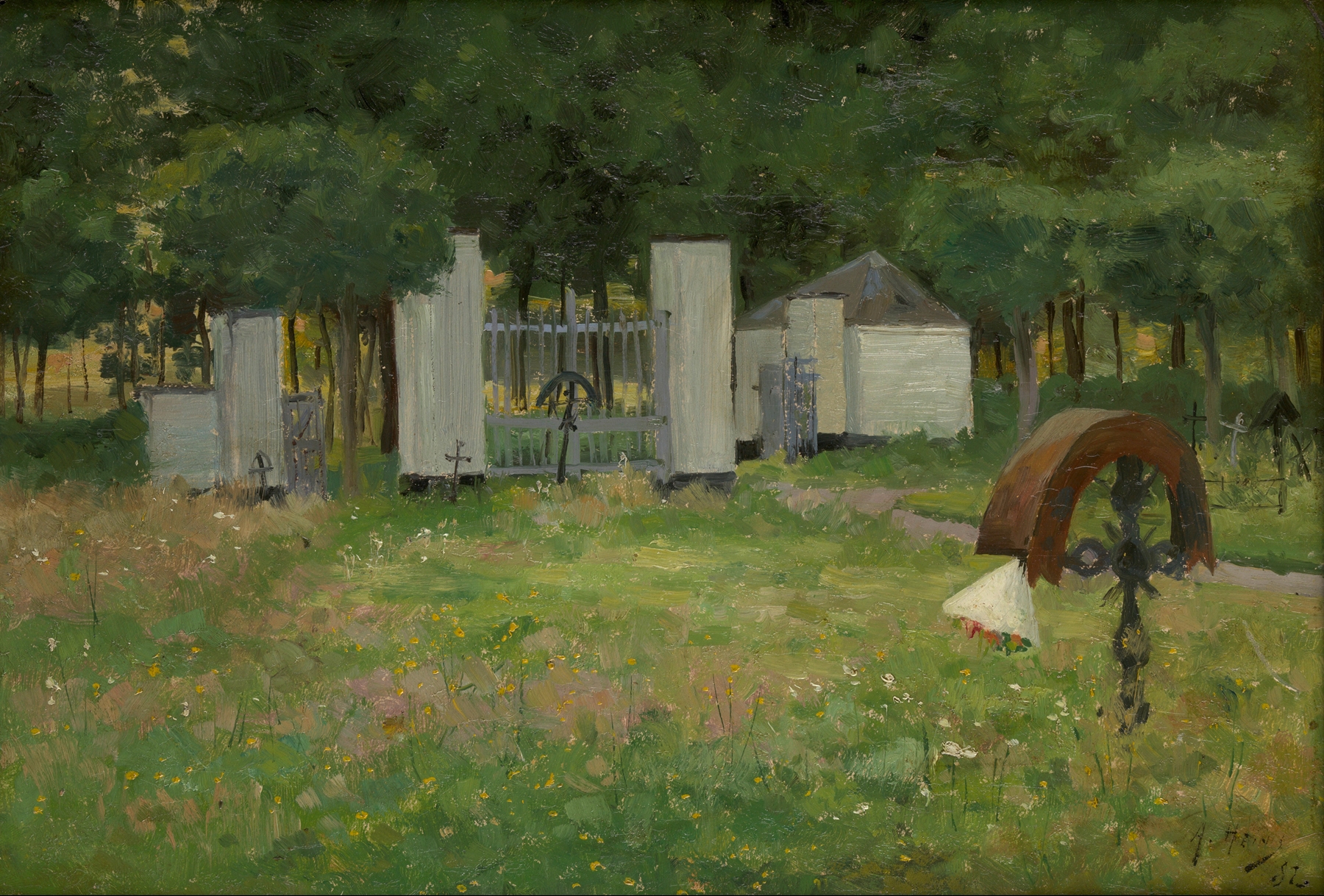 The Old Graveyard in Wondelgem by Armand Heins, realism, depicting gravestones and lush foliage.
