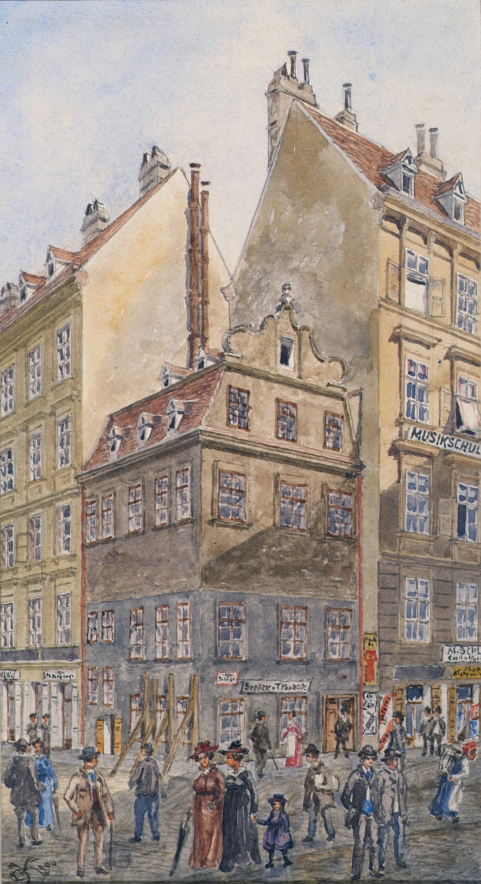 Der Salzgries in Wien by Gustav Korompay, oil on canvas depicting a vibrant cityscape.