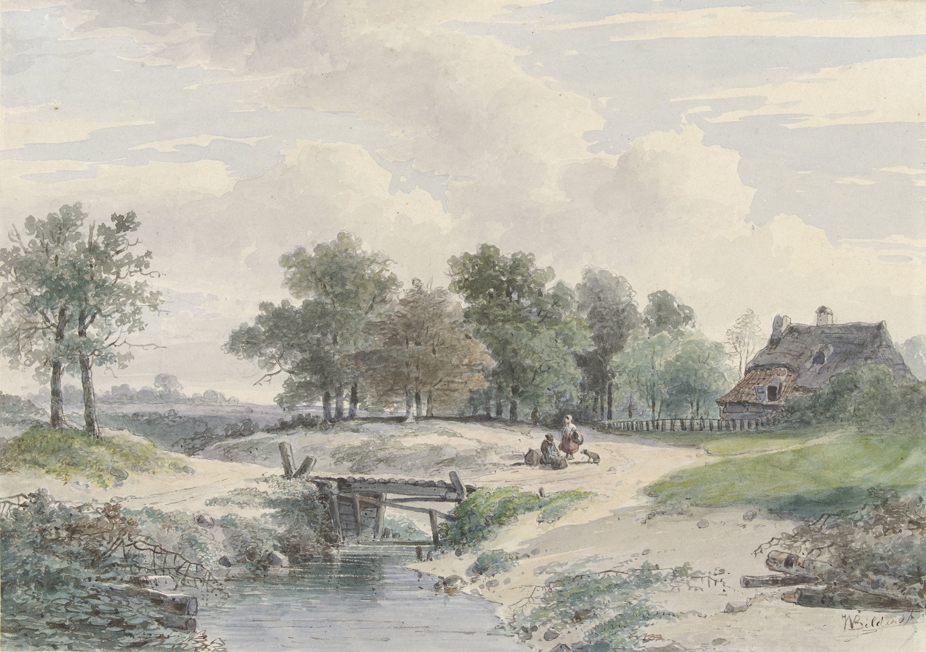 Landschap met bruggetje en figuren voor een boerderij, oil on canvas by Johannes Warnardus Bilders