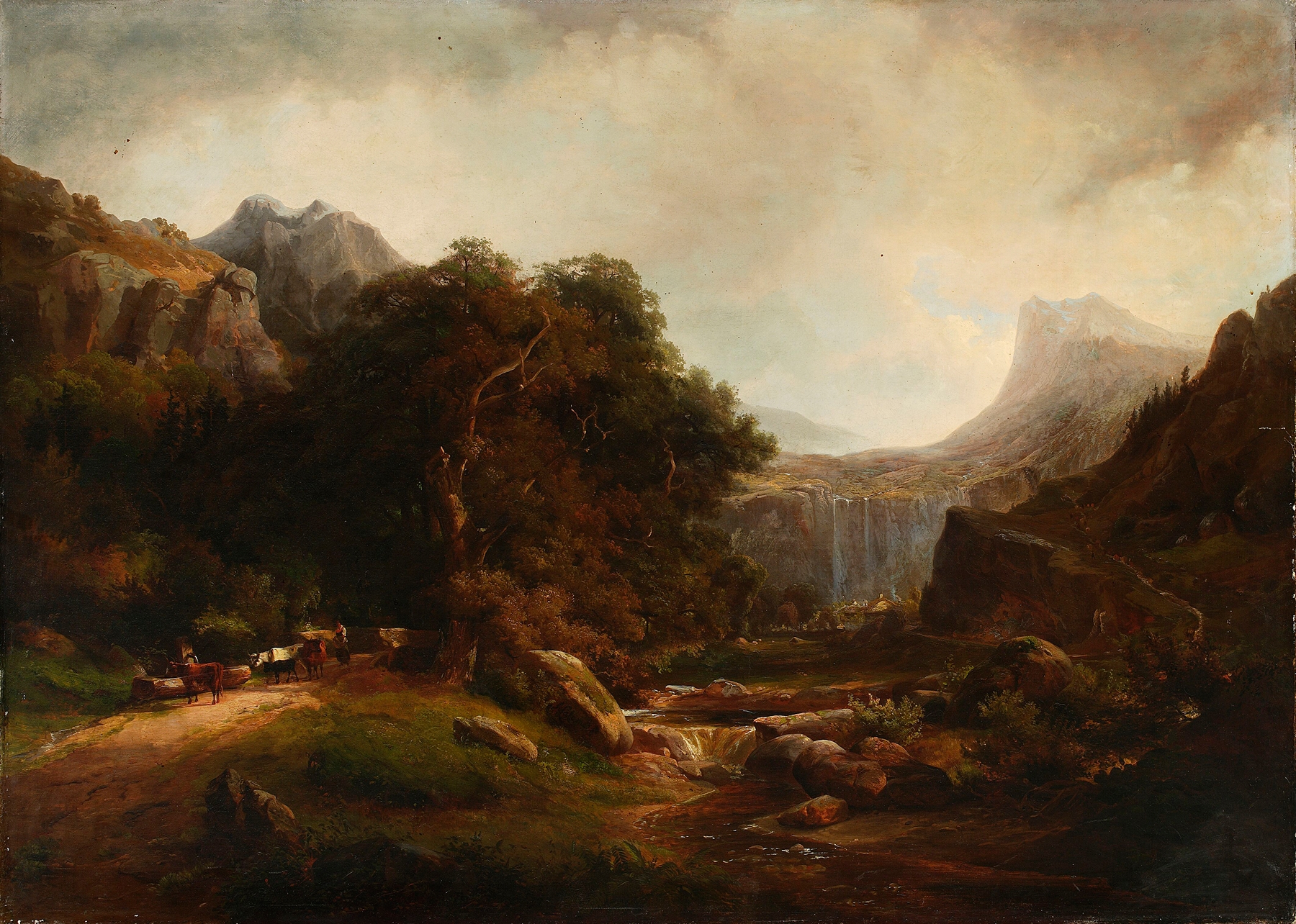 Mountainous landscape with waterfall by Alexandre Calame, oil painting