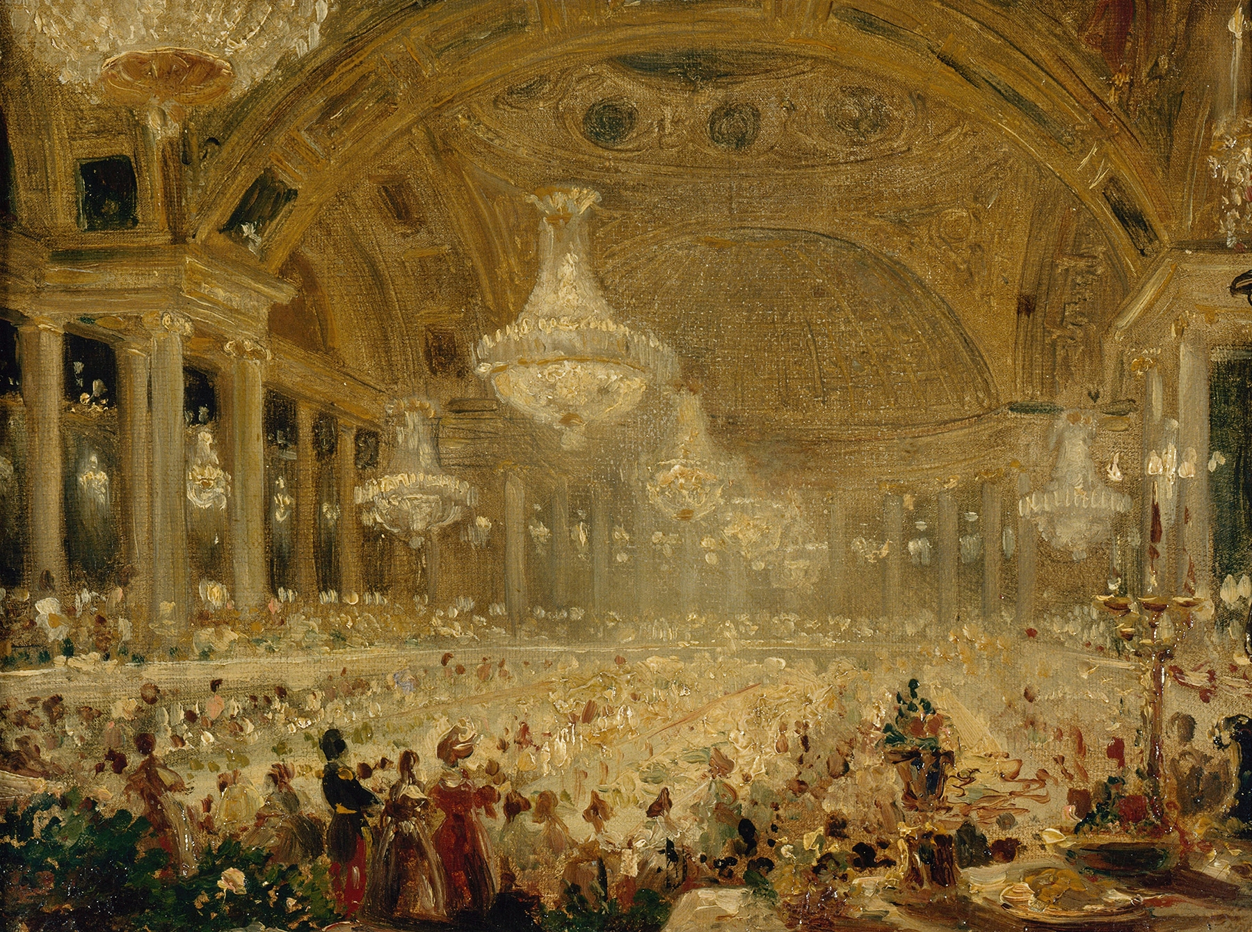 Genre scene depicting a lively dance in a hall by Eugène-Emmanuel Viollet-le-Duc, oil painting