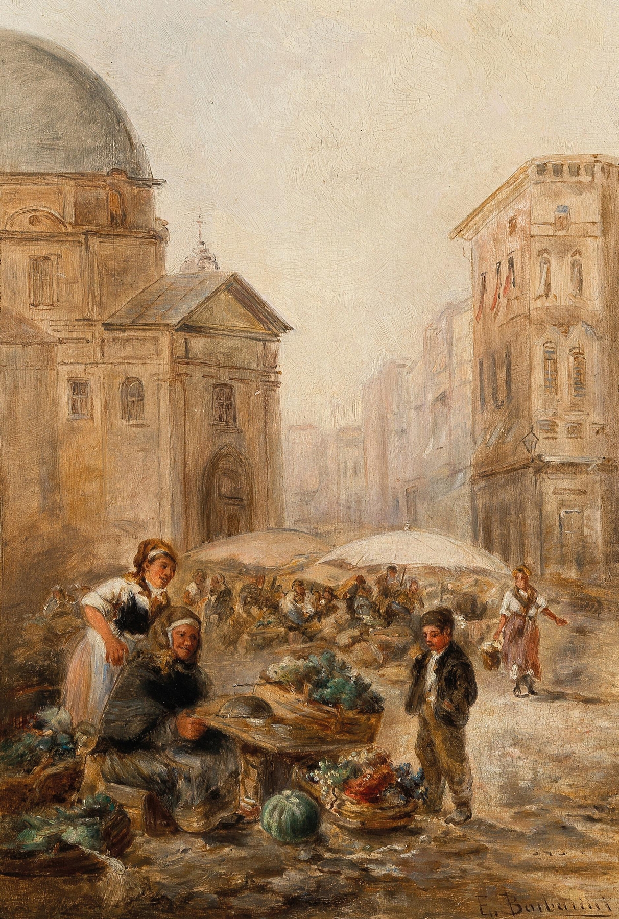 A Market Scene by Emil Barbarini, realism, depicting a lively market filled with colorful produce.