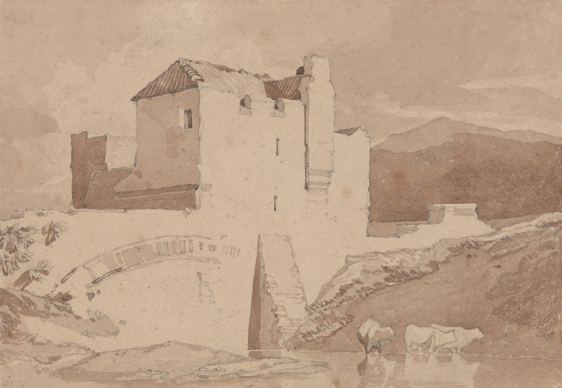 Watercolour by John Sell Cotman depicting an old stone building with soft light