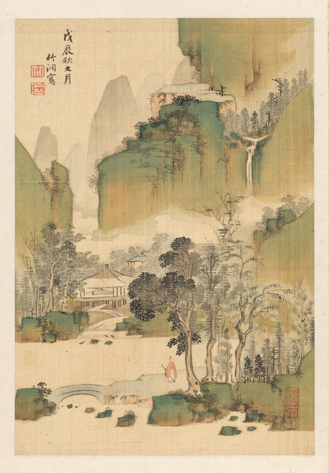 Ukiyo-e landscape by Nakabayashi Chikutō, depicting a tranquil valley with soft greens and blues.