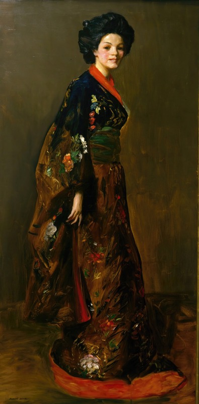 A portrait of a woman in a blue kimono by Robert Henri.