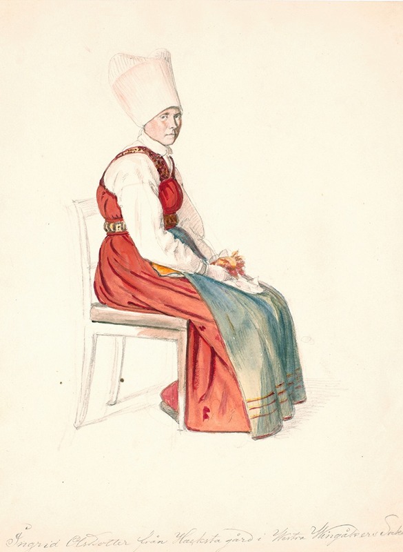 A depiction of a seated Swedish peasant woman with a high horizon line.