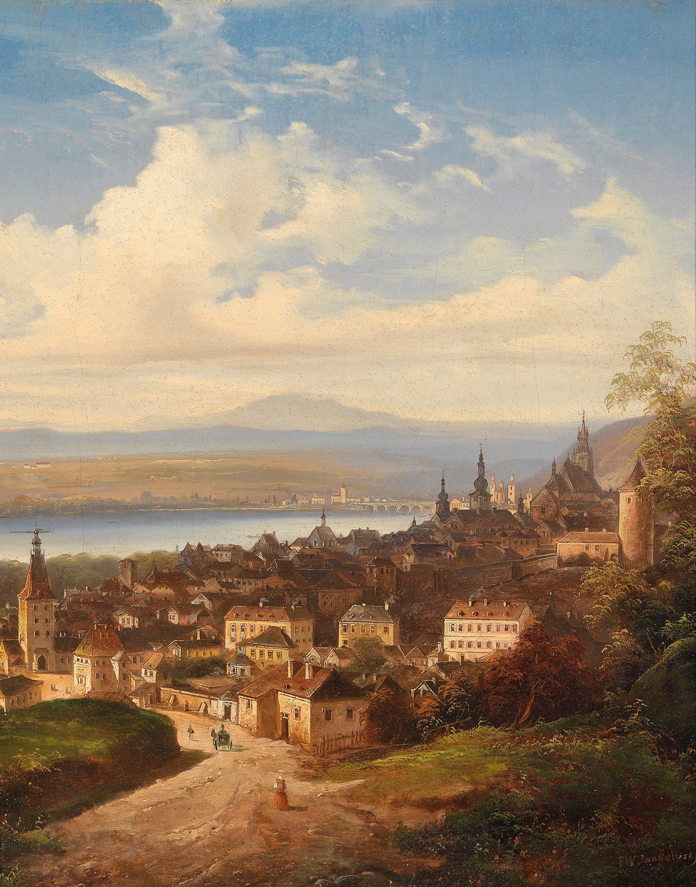 Landscape view featuring rolling hills and a river by Johann Wilhelm Jankowski, oil on canvas