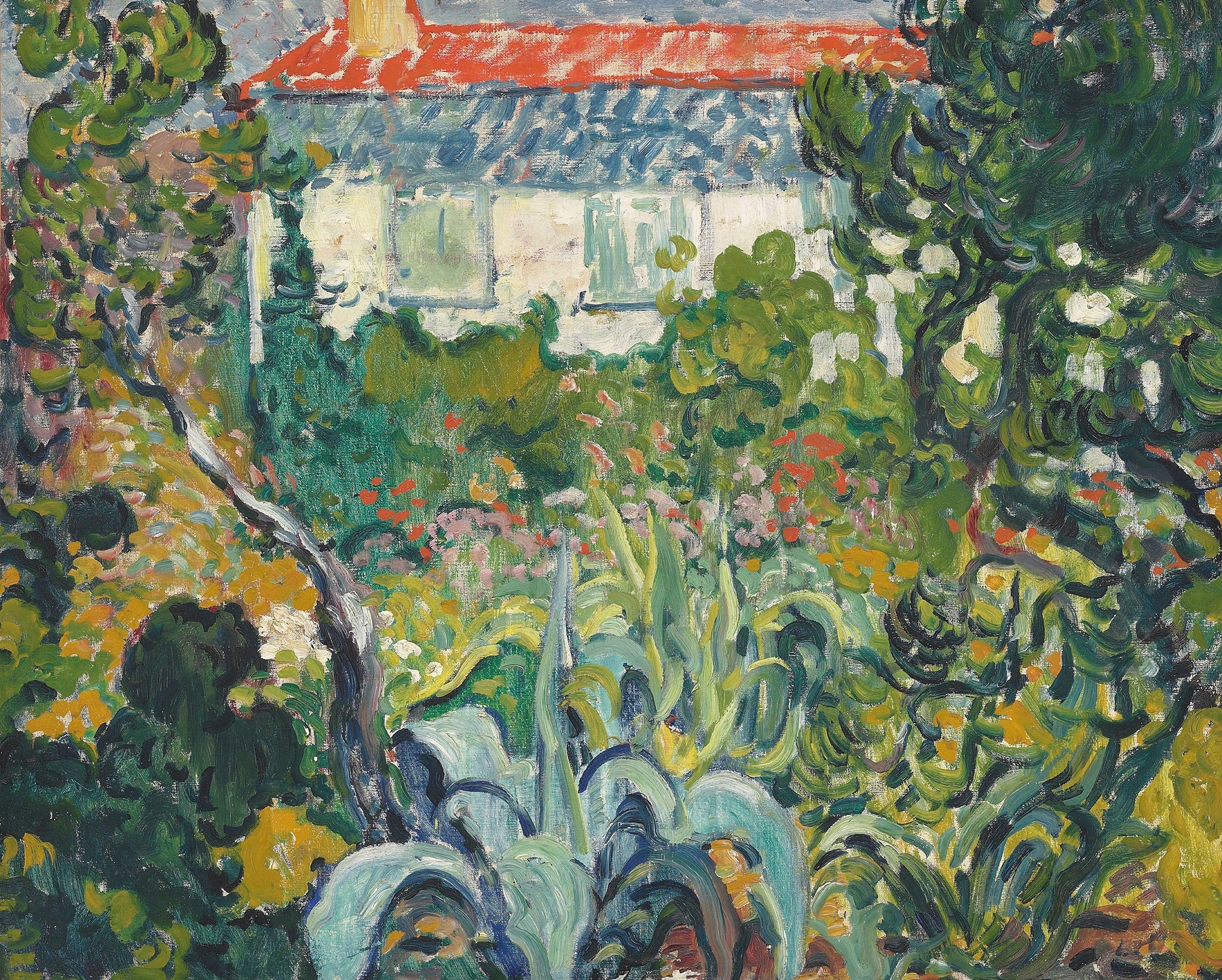 Le jardin de la maison au toit rouge, oil on canvas by Louis Valtat, showing a red-roofed house and vibrant garden.