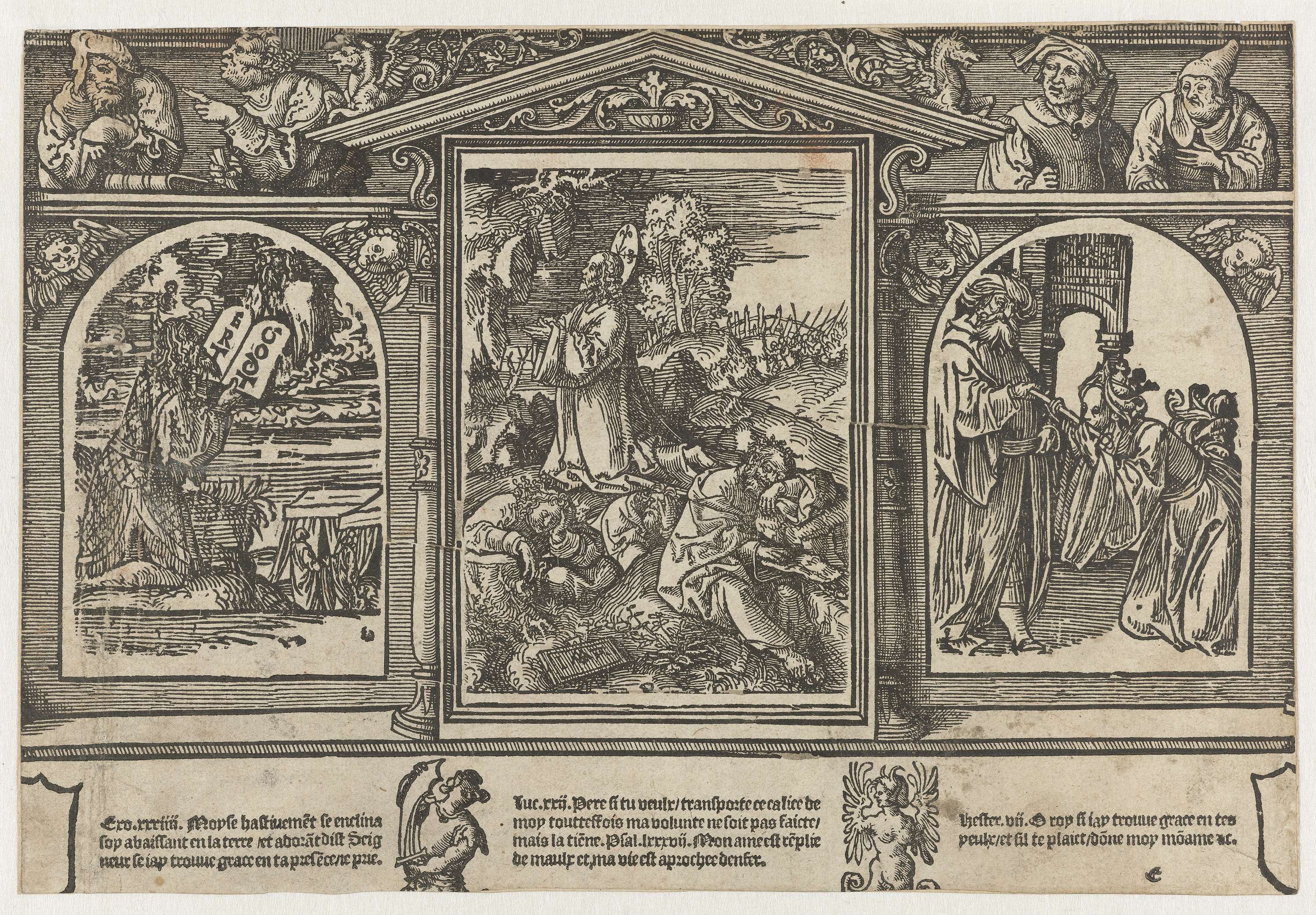 Christus op de Olijfberg, Mozes en Esther voor Ahasveros, by Jacob Cornelisz van Oostsanen, public domain