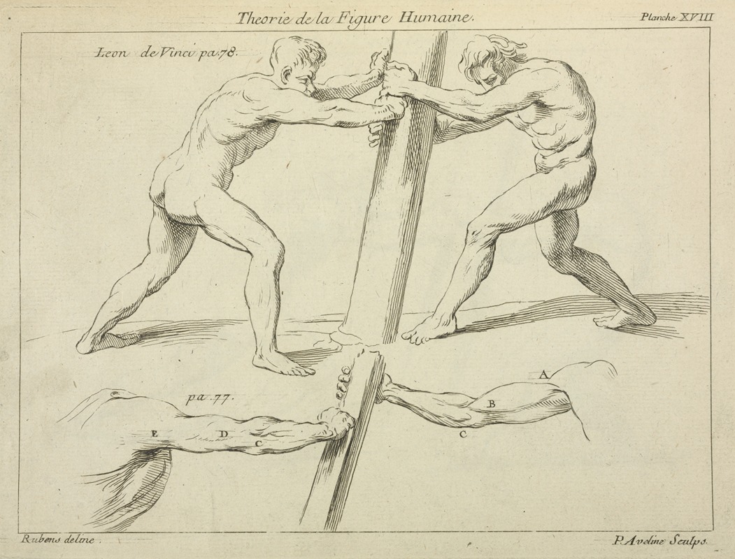 A dynamic study of two figures pushing against a pillar, showcasing Rubens' mastery of movement and anatomy.