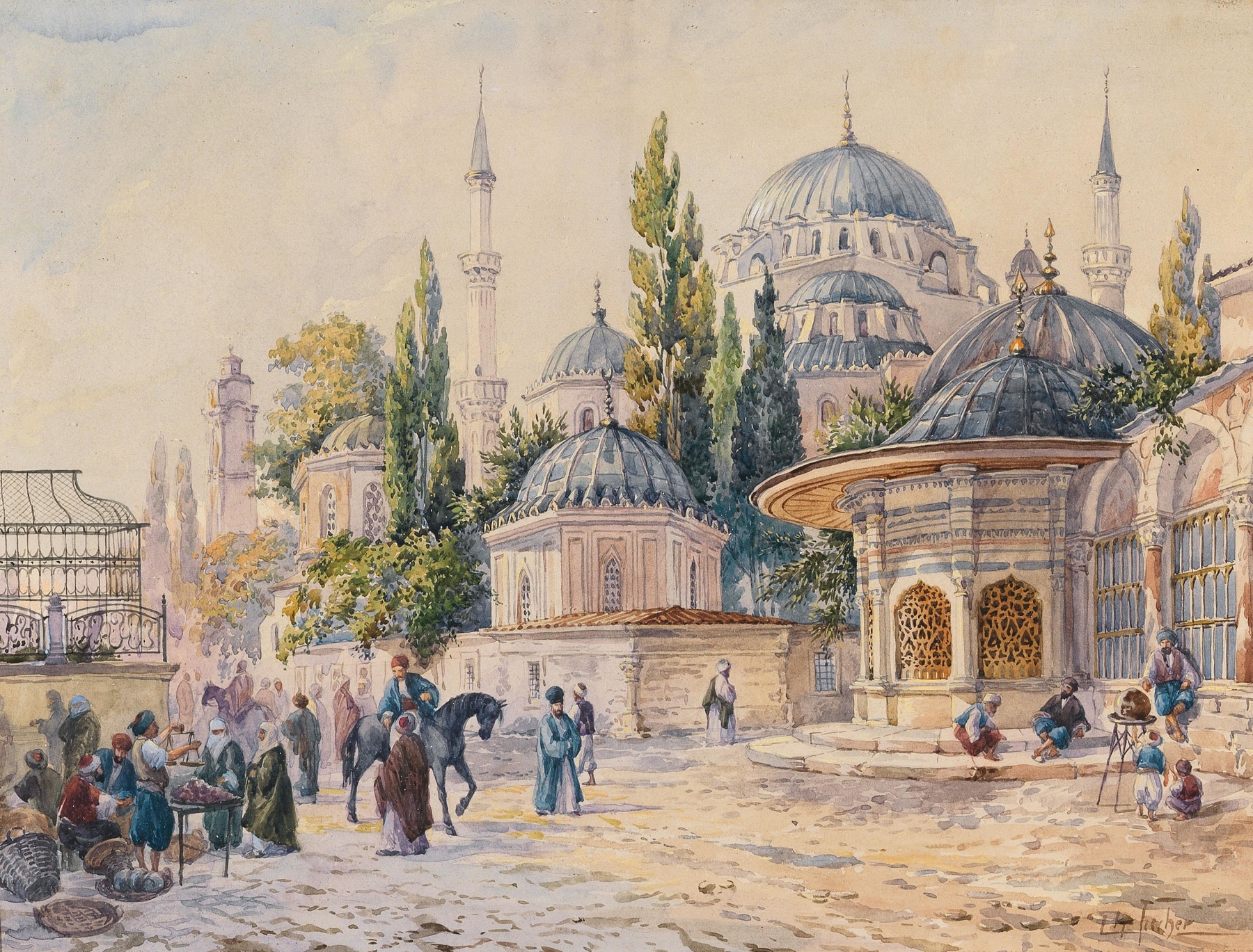 The Sehzade Mosque in Laleli, oil on canvas by Ludwig Hans Fischer