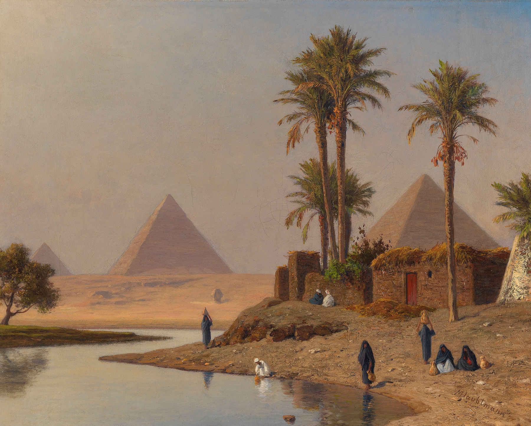 Die Pyramiden bei Gizeh by Michael Haubtmann, Romanticism, depicting pyramids at sunset