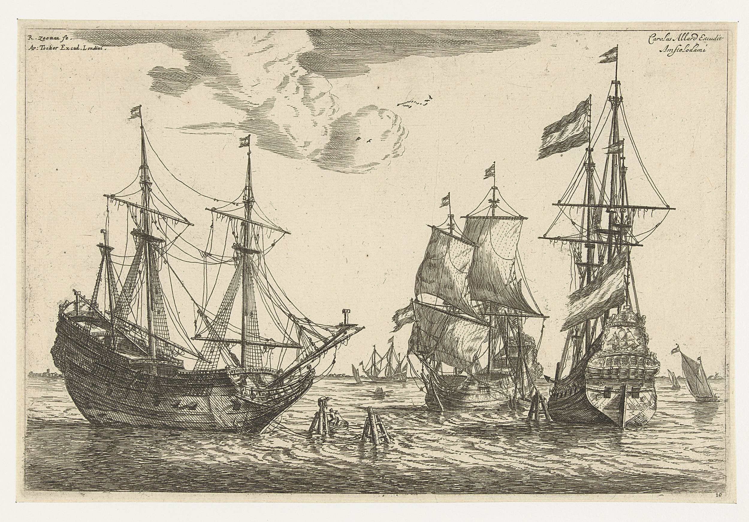 Etching by Reinier Nooms depicting three sailing ships anchored under a pale sky