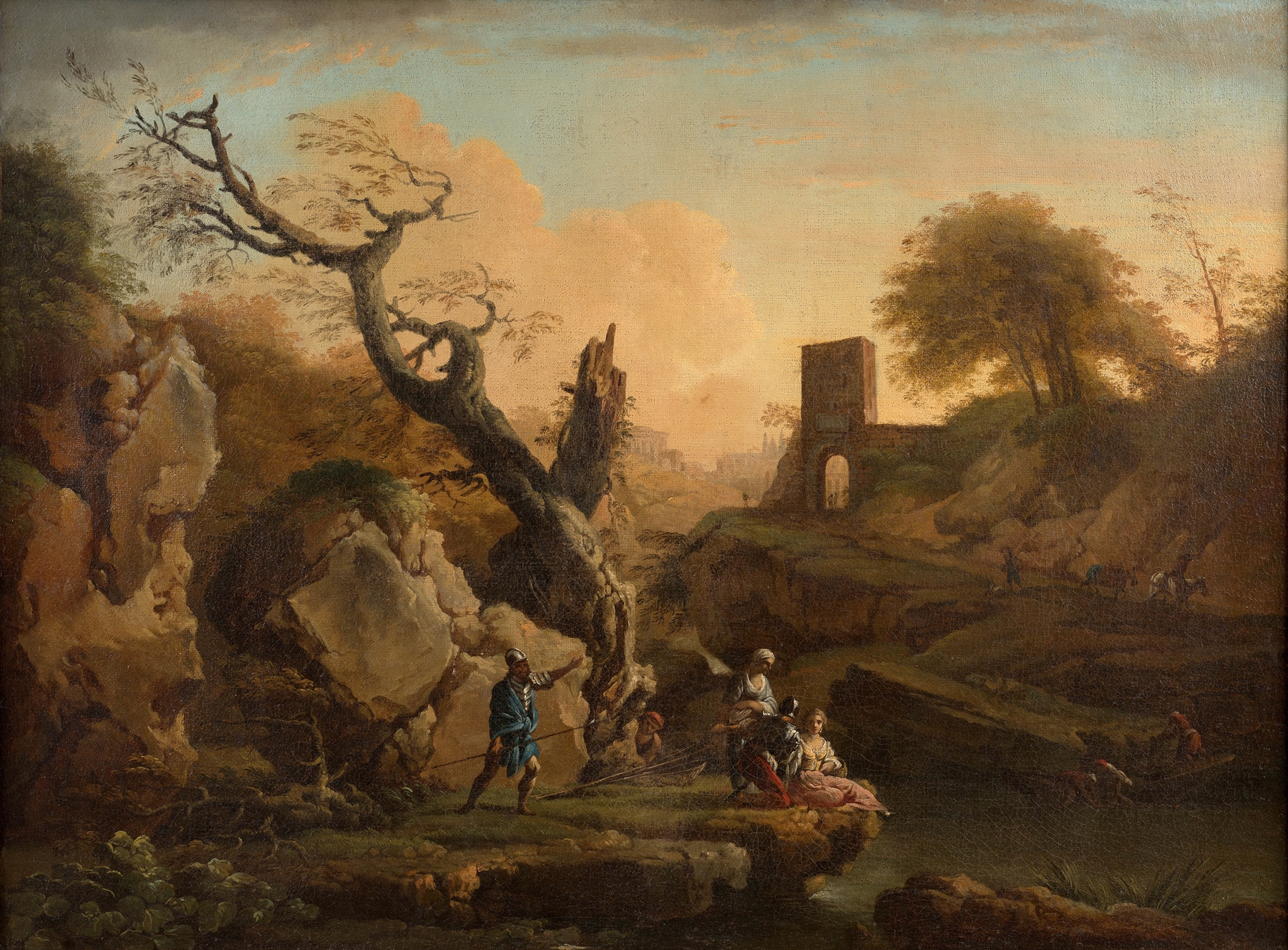 Rococo genre scene depicting soldiers conversing by a river, oil painting by Joseph Vernet