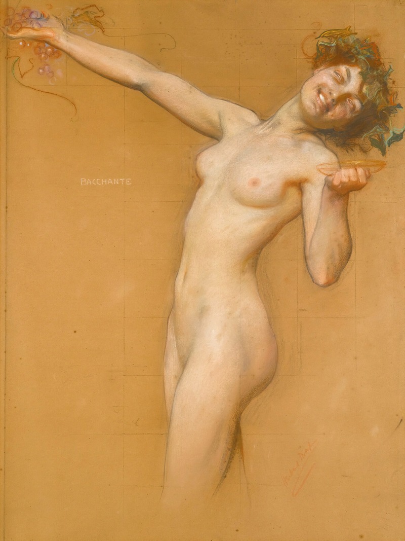 A study for a Bacchante by Herbert James Draper featuring a woman surrounded by grapes.
